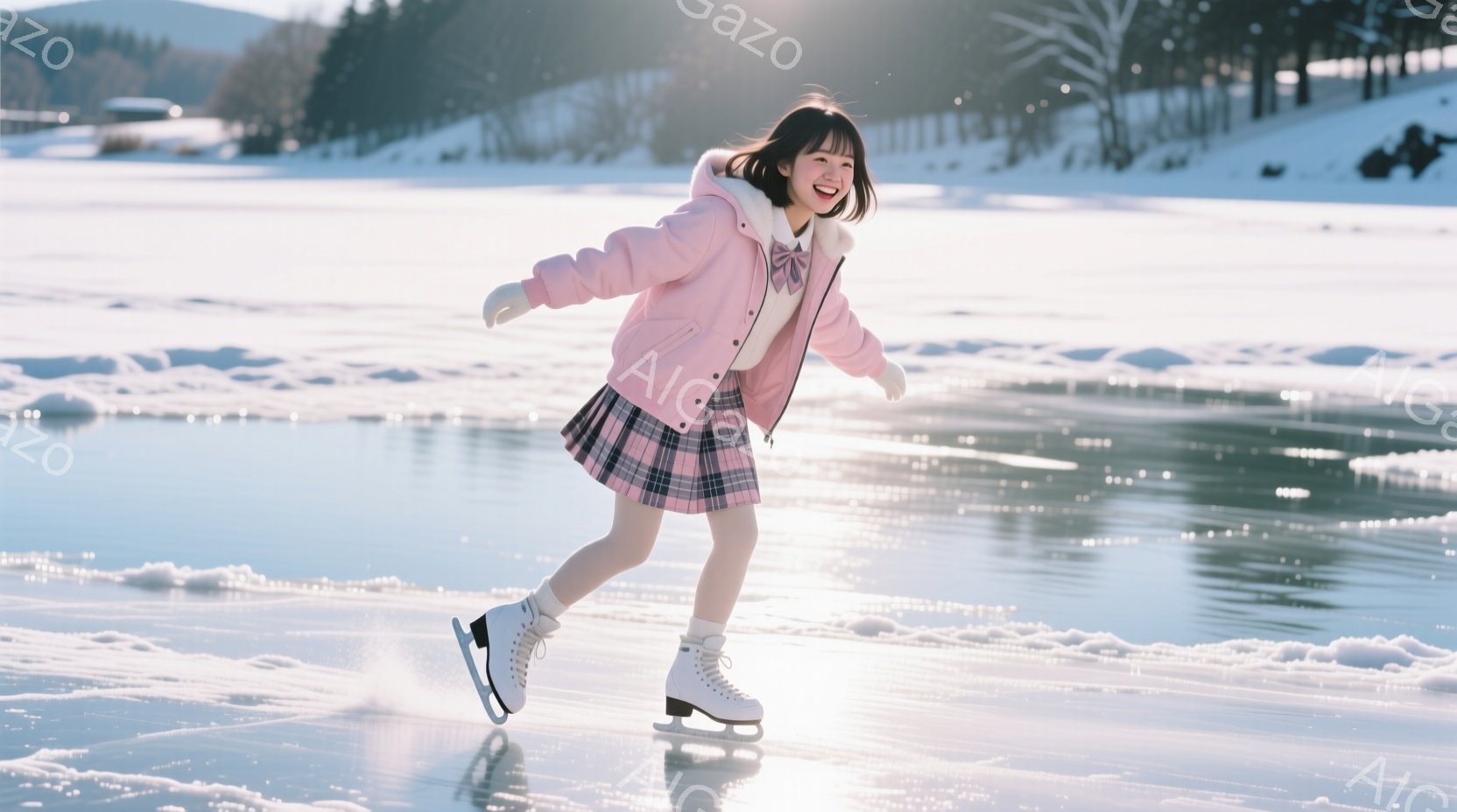 ピンク色のジャケットとチェック柄のスカートを着た少女が、凍った湖の上でスケートを楽しんでいます。彼女は笑顔で片足を大きく前に出し、滑ることに集中した表情をしています。背景には雪をまとった山々が広がり、 - AI生成フリー素材