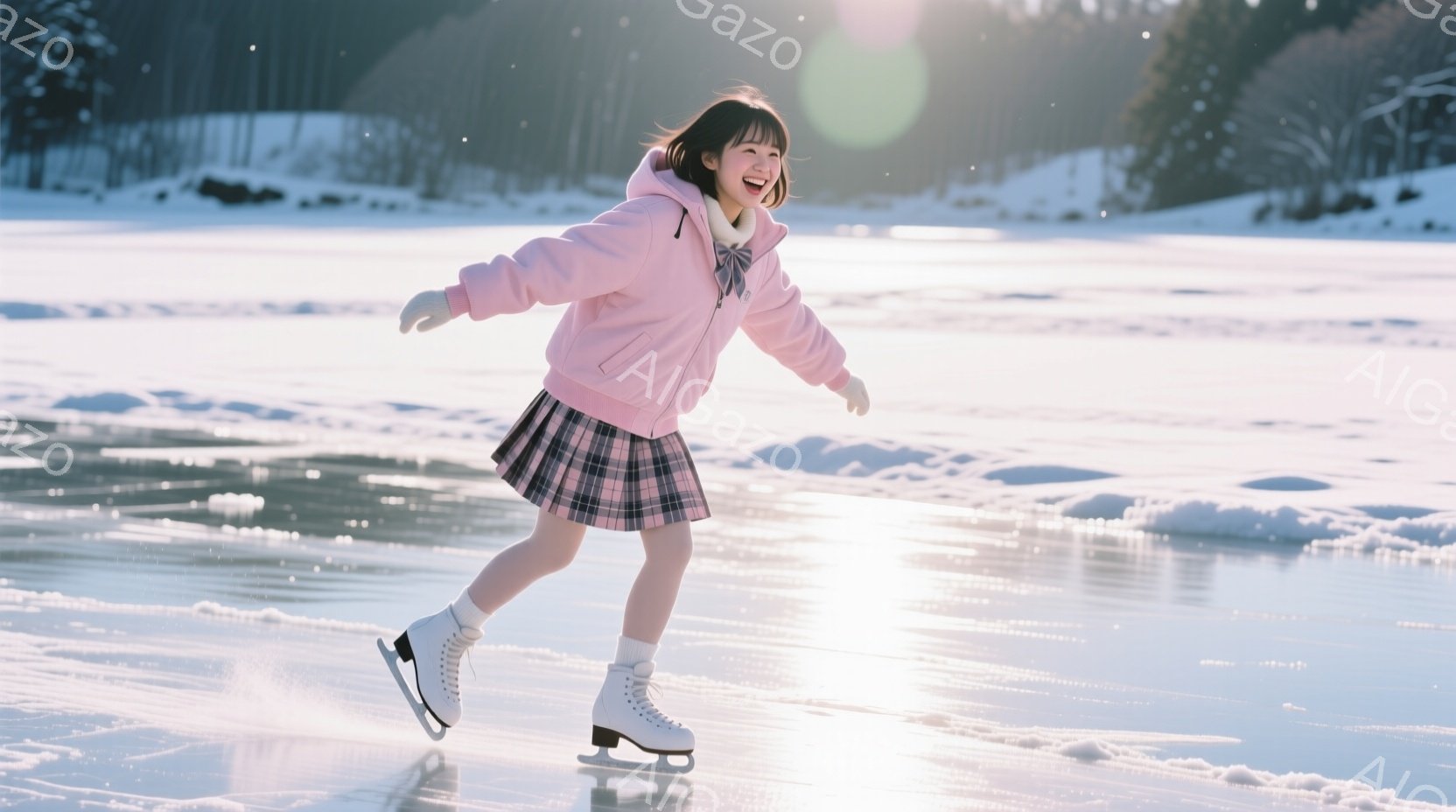 若い女性がアイススケートリンクで滑っている様子が写っている。ピンク色のパーカーとチェック柄のスカート、スケート靴を身につけ、明るい笑顔を見せている。背景には雪景色が広がり、晴天の下で冬の雰囲気が漂って - AI生成フリー素材