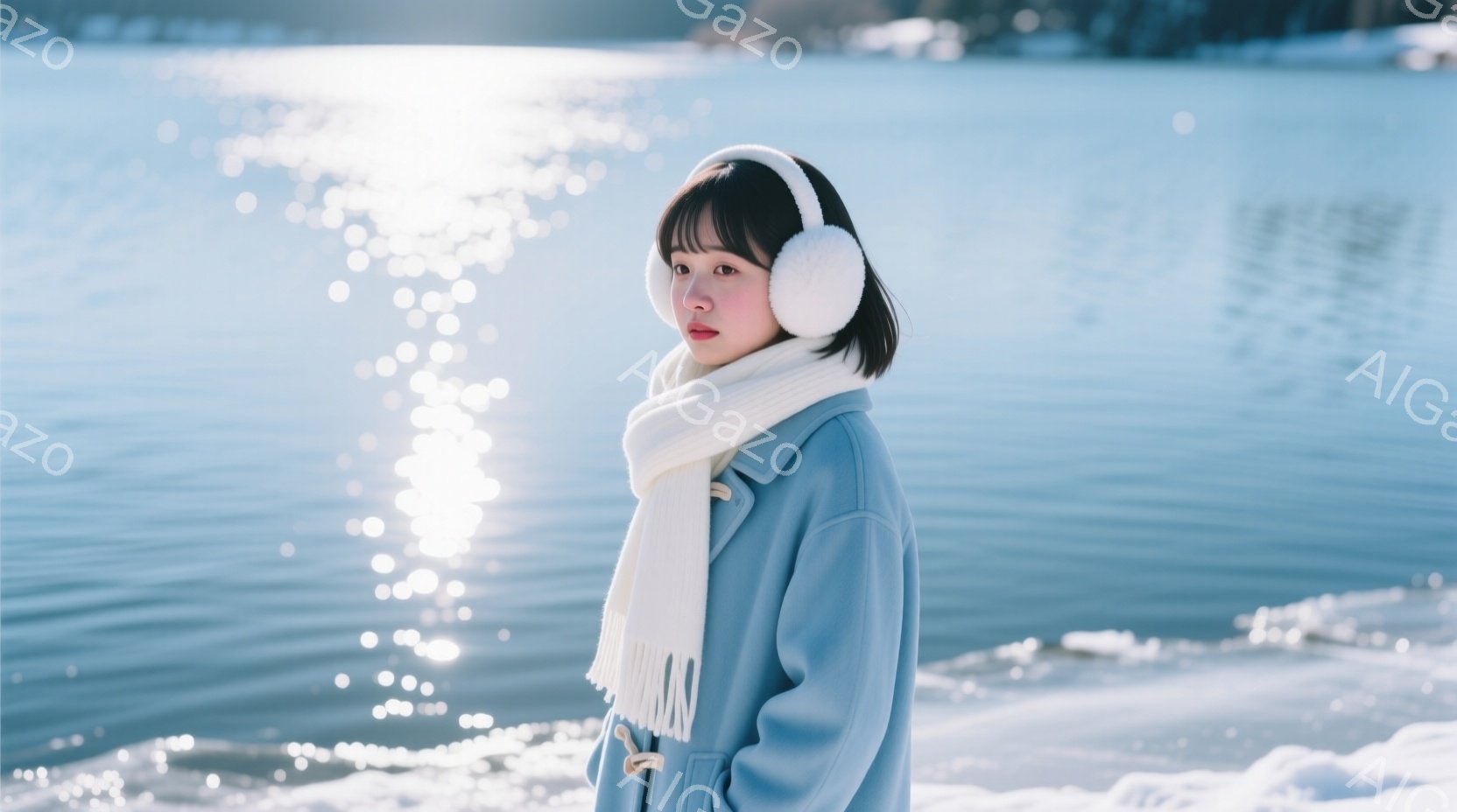 若い女性が水辺に立っており、明るい水色のアウターコートと白いマフラーを身につけている。彼女はヘッドホンを着用し、黒髪を肩の長さでカットしている。背景には水面が輝き、冬の穏やかな風景が広がっている。