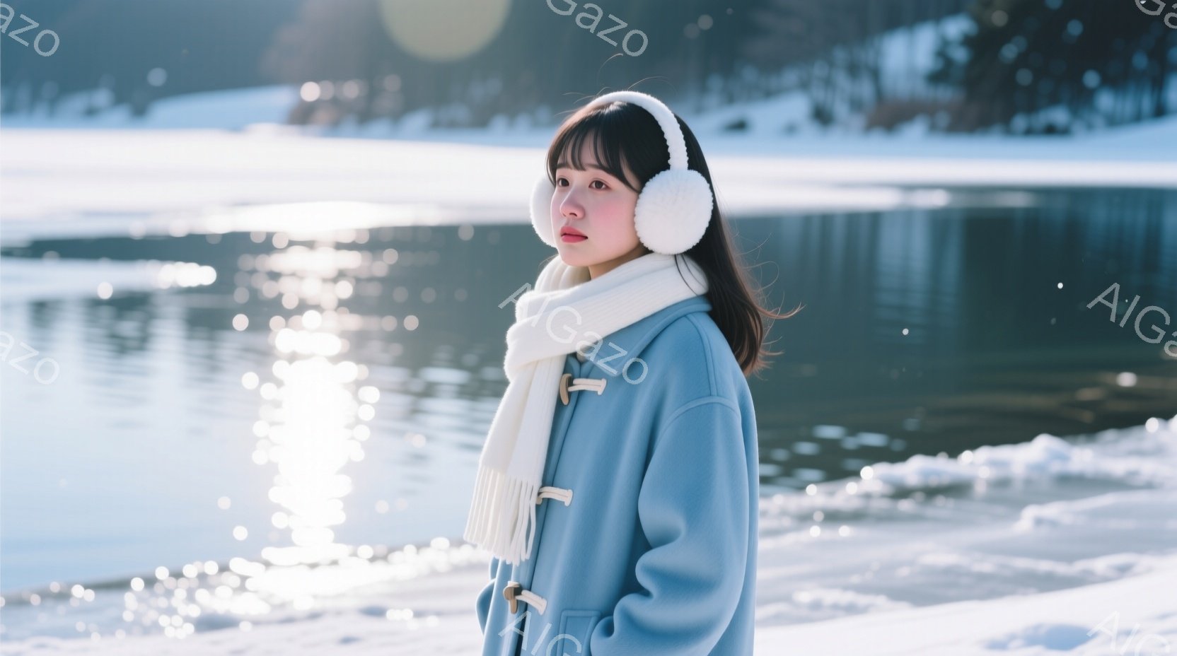 明るい青色のコートと白い耳あて、マフラーを身につけた女性が写っている。彼女は少し横を向き、穏やかな表情で遠くを見つめている。背景には雪景色が広がり、水面には太陽の光が反射してキラキラと輝いている。