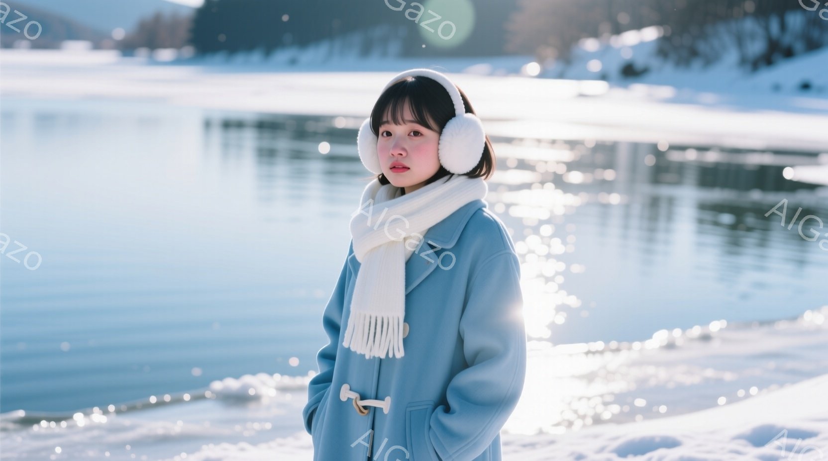 青いダッフルコートを着て、白い耳当てとマフラーを身につけた女性が写っています。彼女は少し微笑んでおり、穏やかな表情をしています。背景には雪に覆われた湖と、ぼんやりとした山の風景が広がっており、冬の静かで穏やかな雰囲気を醸し出しています。