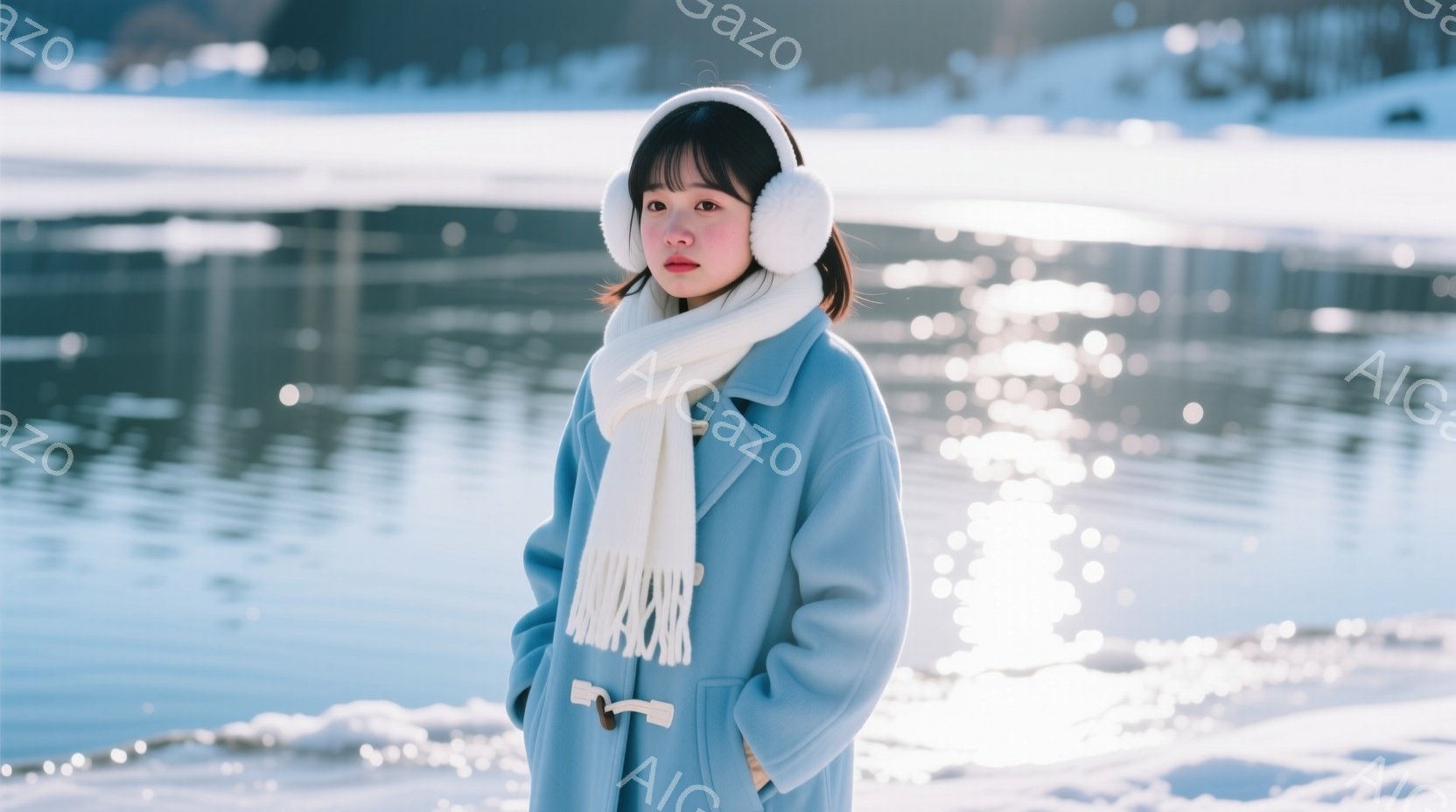 青いコートと白いマフラー、耳当てをつけた若い女性が写っています。彼女は少し微笑んでおり、冬の穏やかな寒さを感じさせる表情をしています。背景には雪景色が広がり、光が水面に反射してキラキラと輝いており、静かで冬らしい雰囲気を醸し出しています。
