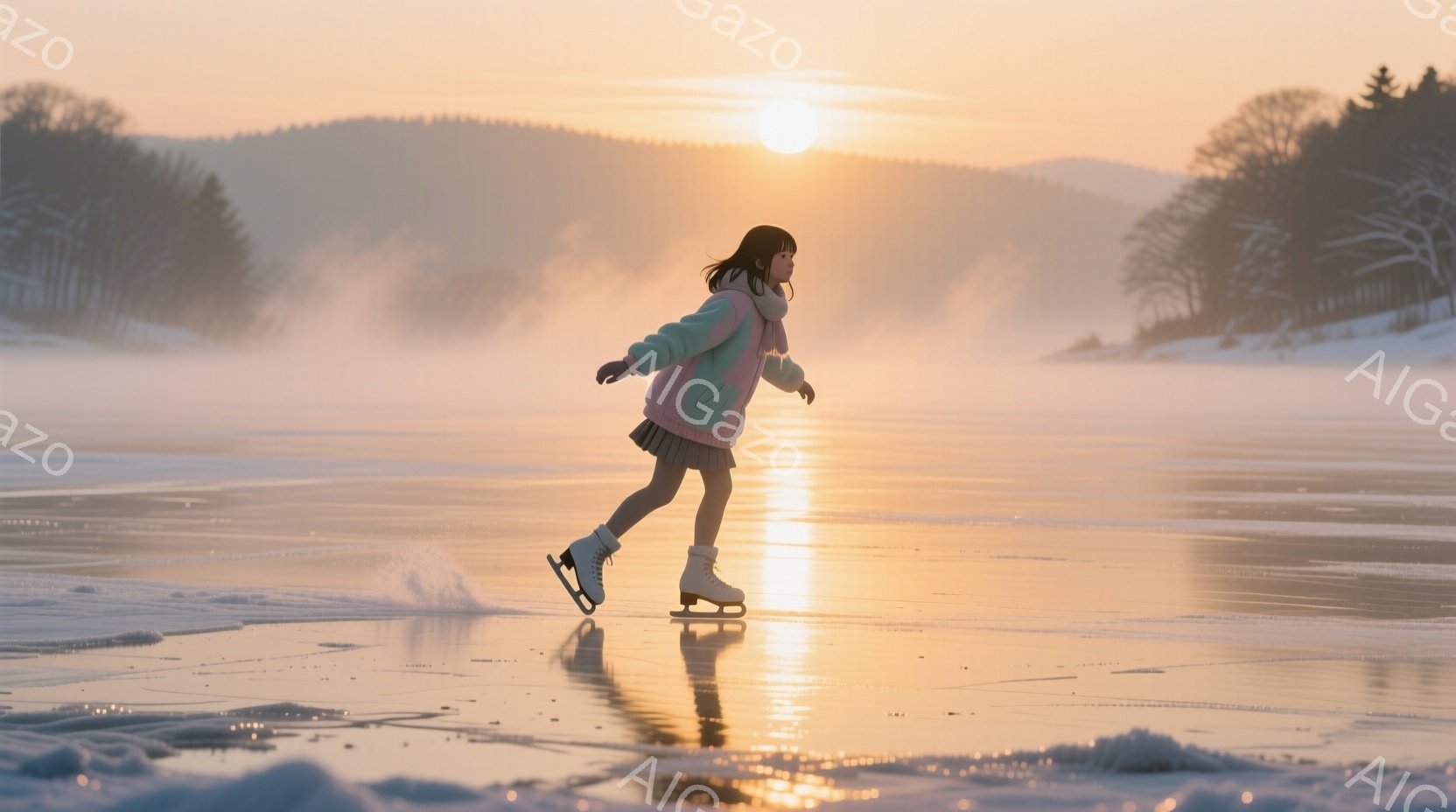 少女は凍った湖の上を華麗にスケートしている。ピンク色のジャケットとスカートを身につけ、黒髪を後ろでポニーテールにしている。背景には雪に覆われた木々と、夕日に照らされた暖かい光が広がり、幻想的で穏やかな - AI生成フリー素材