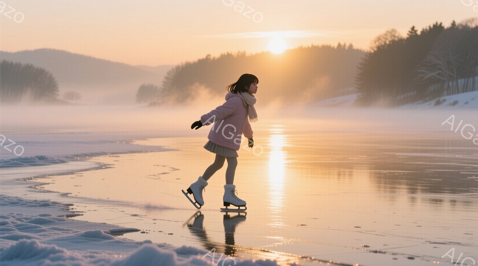 少女は凍った湖の上でスケートを楽しんでいる。ピンク色のジャケットと白いブーツを身に着け、髪は後ろで結んでいる。背景には雪に覆われた木々と、夕焼けのようなオレンジ色の空が広がり、幻想的な雰囲気を醸し出し - AI生成フリー素材