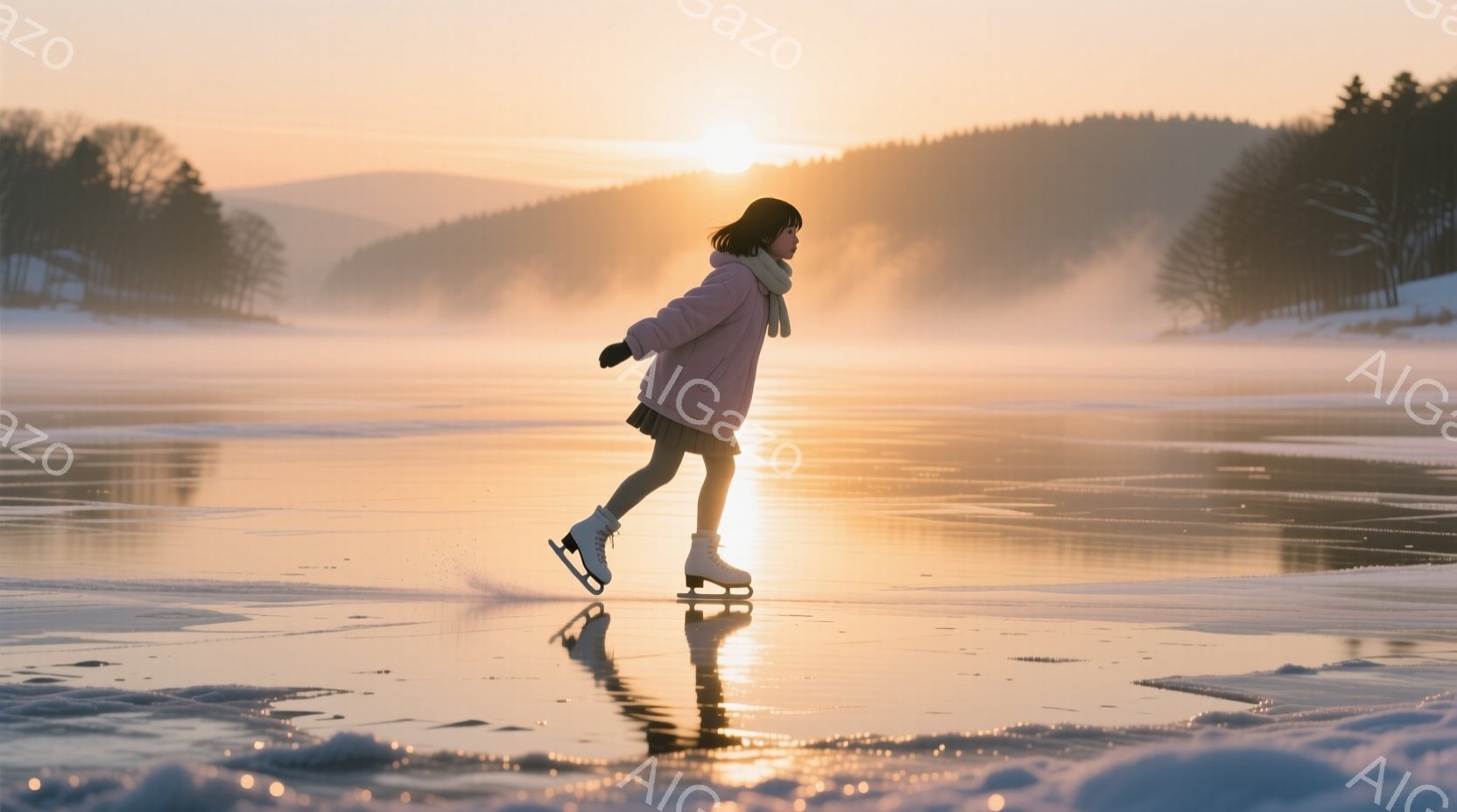ピンク色のジャケットとスカートを着た少女が氷の上をスケートしている。彼女は長い黒髪を後ろでまとめ、真剣な表情で滑っている。背景には雪に覆われた木々と、夕焼けのようなオレンジ色の空が広がり、幻想的な雰囲気を醸し出している。