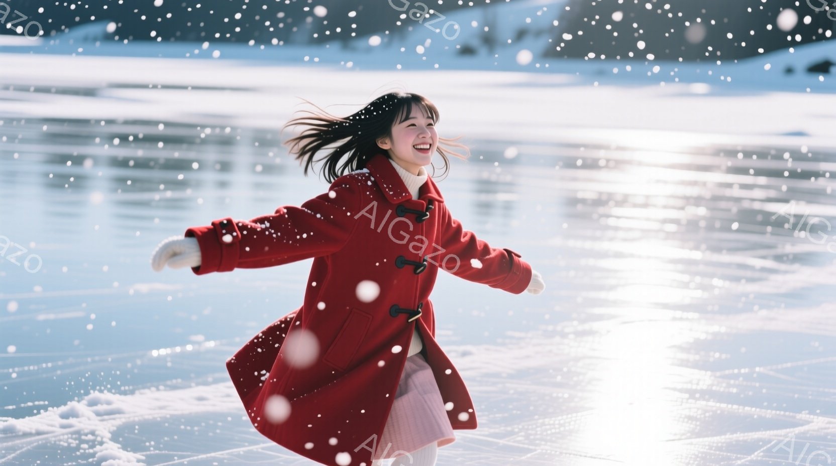 赤いコートを着た女性が雪の降る屋外で両手を広げ、嬉しそうに微笑んでいます。彼女は短い黒髪で、白いスカートを履いています。背景には雪に覆われた風景が広がり、光が反射してキラキラと輝く雪面が印象的です。