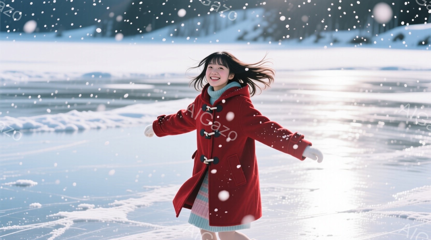 明るい赤色のコートを着た女性が、雪景色の中で両手を広げて立っています。彼女は短い黒髪で、笑顔が印象的です。背景には雪に覆われた景色が広がり、冬の冷たい空気と温かい彼女の笑顔が対照的で、幸せな雰囲気が漂っています。