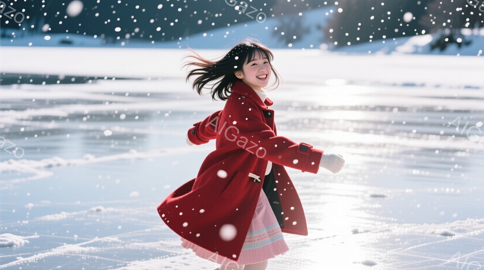 明るい赤色のコートを着た若い女性が、雪の降る屋外で両手を広げて楽しそうに走っている。彼女は髪を後ろで一つにまとめ、微笑みを浮かべ、ピンク色のプリーツスカートをはいている。背景は雪に覆われた平原で、遠くにぼんやりと山々が見え、冬の幻想的な雰囲気を醸し出している。