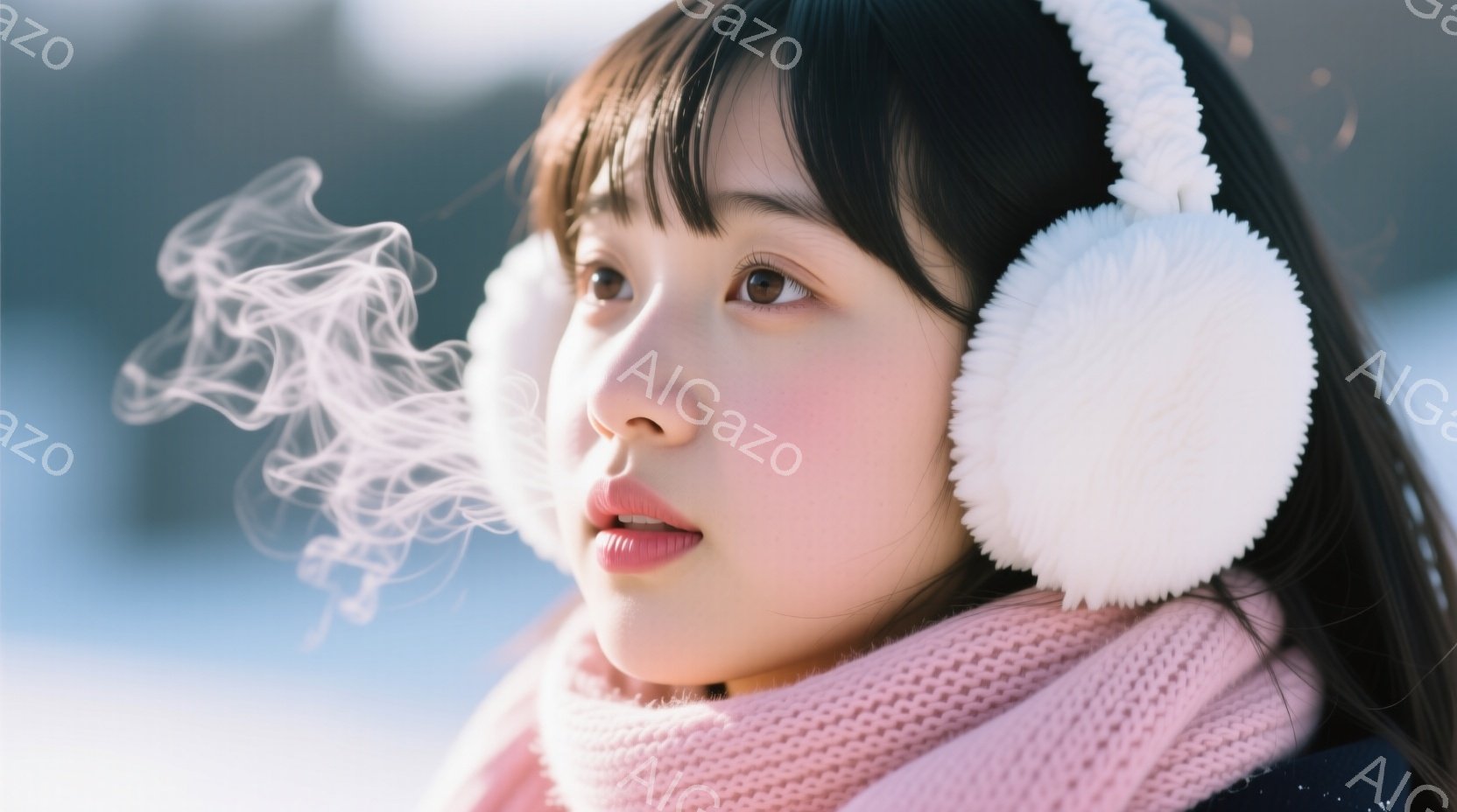 少女はピンク色のニットのネックウォーマーと白いイヤーマフを身につけ、冷たい空気の中で息を吐いている様子が写っている。彼女は少し口を開け、白い息が立ち上る中、横を向いてどこかを見つめている。背景はぼやけており、雪景色や淡い空が広がり、冬の寒さと静けさを感じさせる。