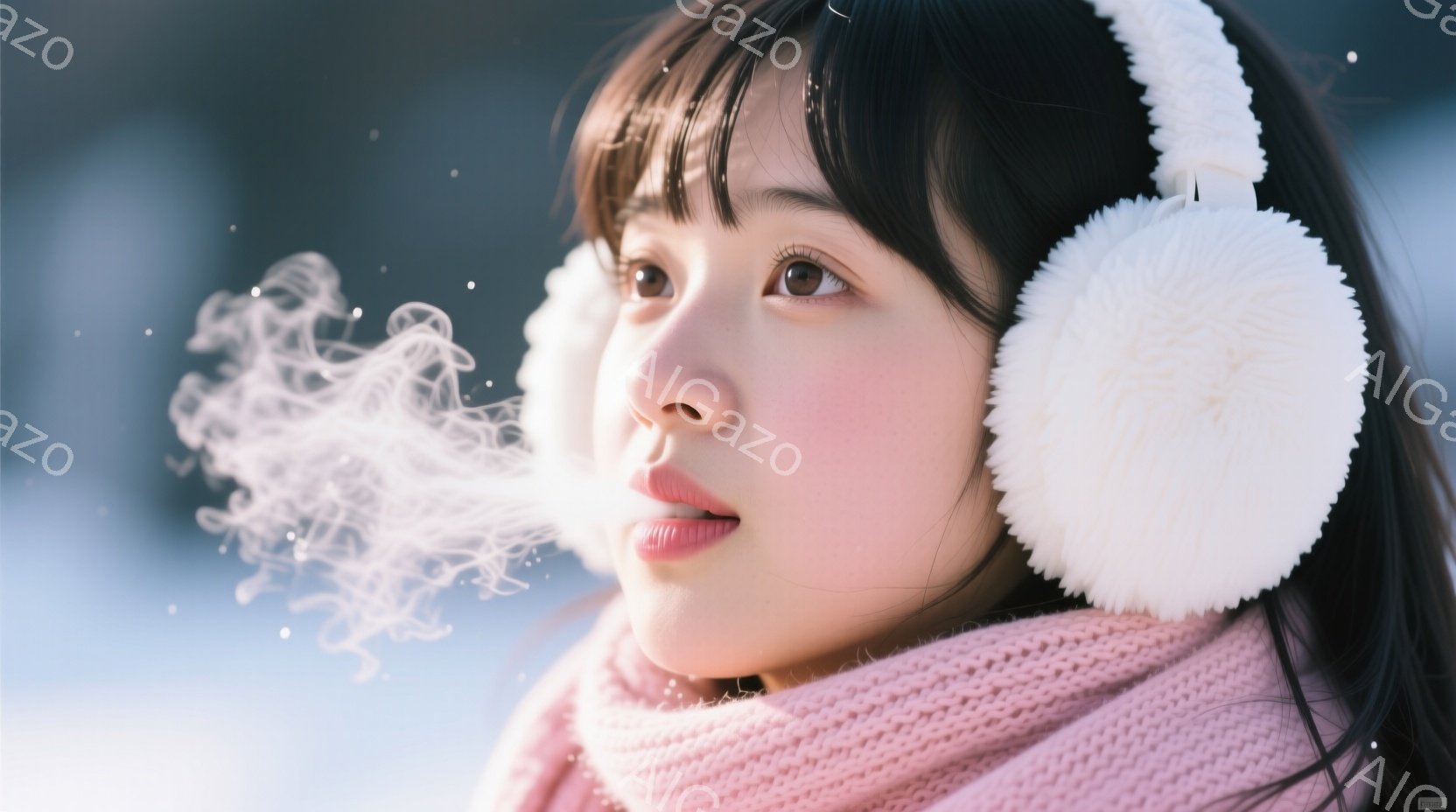 少女はピンク色のニットのネックウォーマーと白いふわふわのイヤーマフを着用し、息を吐き出しており、白い息が漂っている。彼女はわずかに口を開け、穏やかな表情で横を向いている。背景はぼやけており、雪が舞っている様子から冬の冷たい空気を感じさせる。