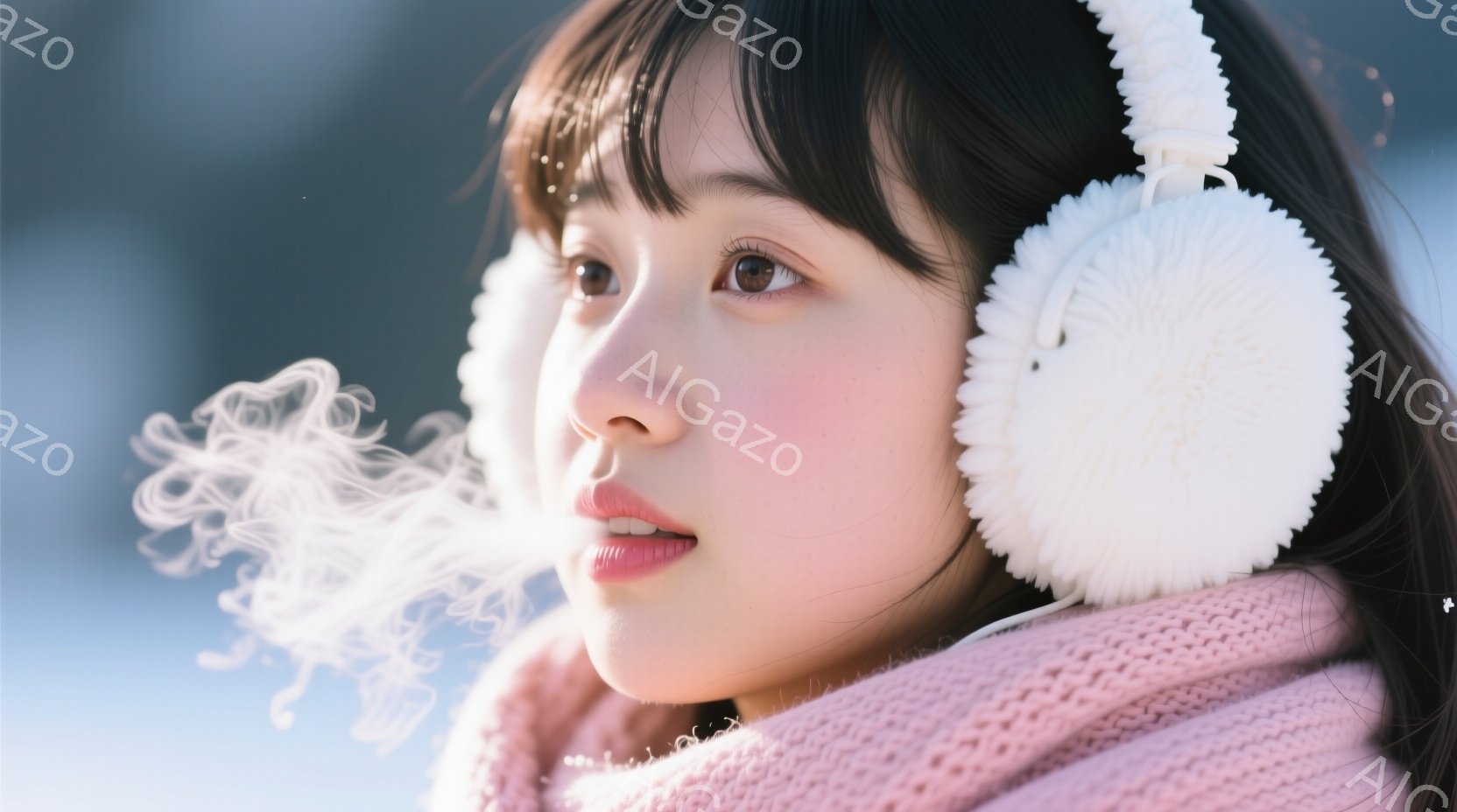 少女はピンク色のニットのセーターと白いイヤーマフを着用し、息を吐いている様子が捉えられています。彼女は少し口を開け、白い息が立ち上る冬の寒さを表現しており、背景はぼやけた青空です。全体的に、寒さの中での穏やかな冬の雰囲気が漂っています。