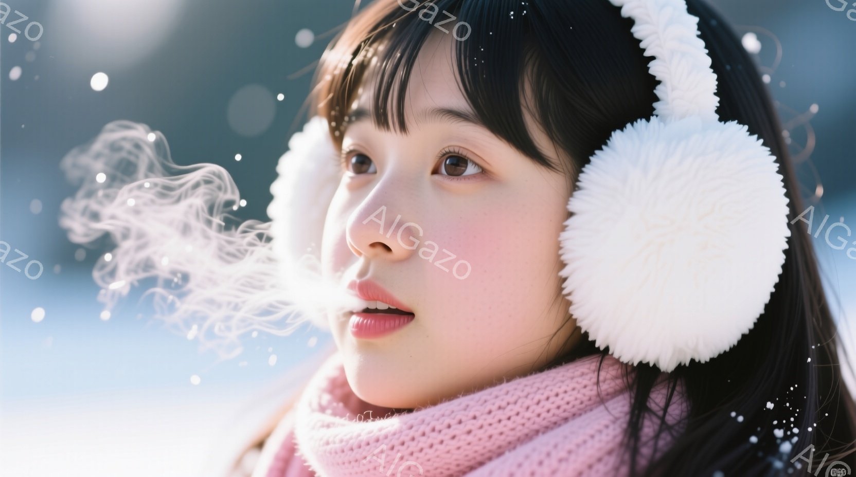 暖色系のニット帽とマフラーを身に着けた若い女性が写っています。白い耳当てが特徴的で、息が白いことから寒冷な屋外であることがわかります。彼女は少し上目遣いで、どこか物憂げな表情をしています。