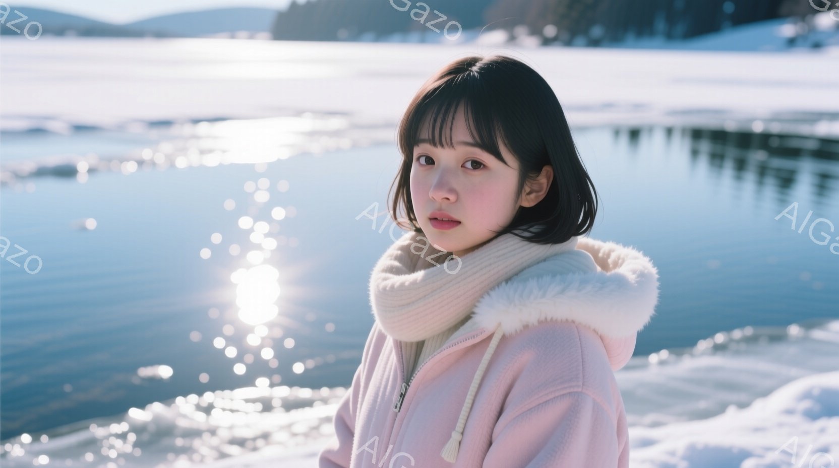 淡いピンク色のパーカーと白いマフラーを身に着けた若い女性が写っています。彼女は肩までの黒髪で、前髪は眉毛にかかるようにカットされています。背景には、雪に覆われた湖と遠くに見える山々が広がっており、全体的に穏やかで静かな雰囲気が漂っています。