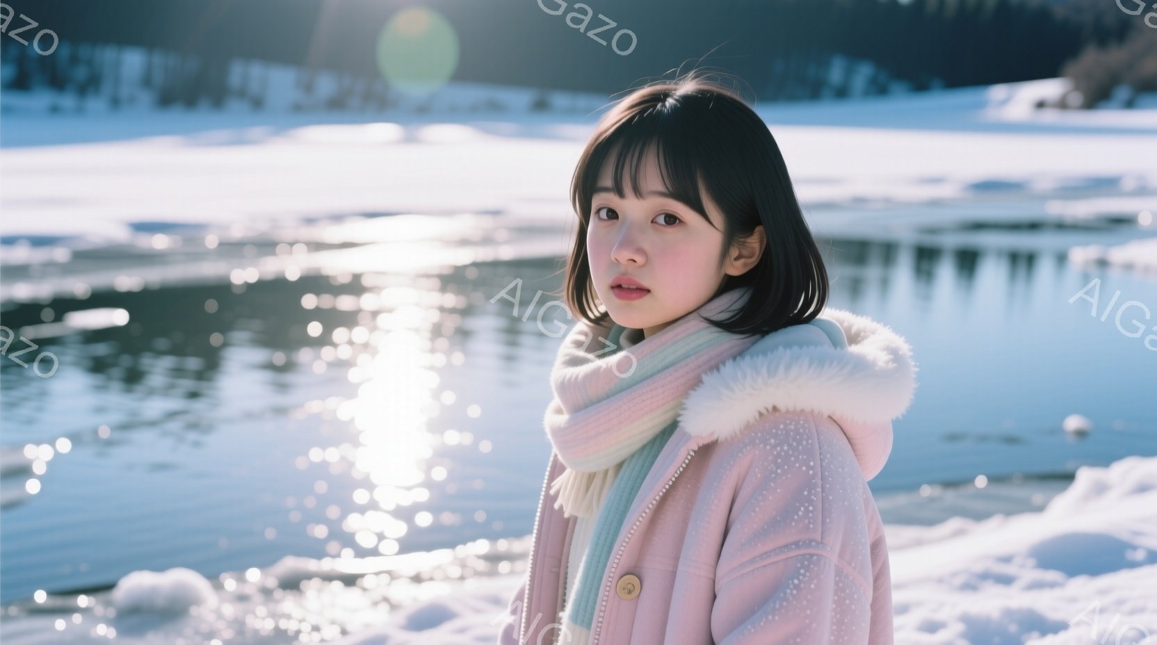 少女はピンク色のファー付きのコートと淡い緑色のマフラーを身に着け、雪景色の中に立っている。彼女は黒髪で、前髪は眉毛にかかる長さで、少し微笑んだ表情を浮かべている。背景には凍った湖面と、ぼんやりとした山々が広がり、全体的に穏やかで冬らしい雰囲気が漂っている。