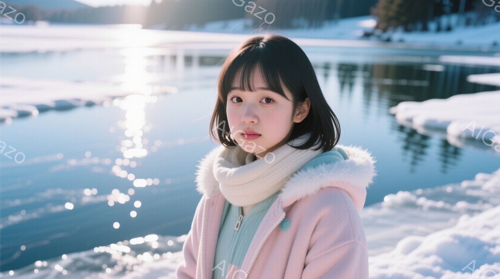 若い女性が冬の風景の中に立っています。彼女はピンク色のパーカーと水色のインナーを着用し、白いマフラーを巻いており、黒髪のストレートヘアが肩にかかっています。背景には凍った湖面が広がり、遠くには雪に覆わ - AI生成フリー素材