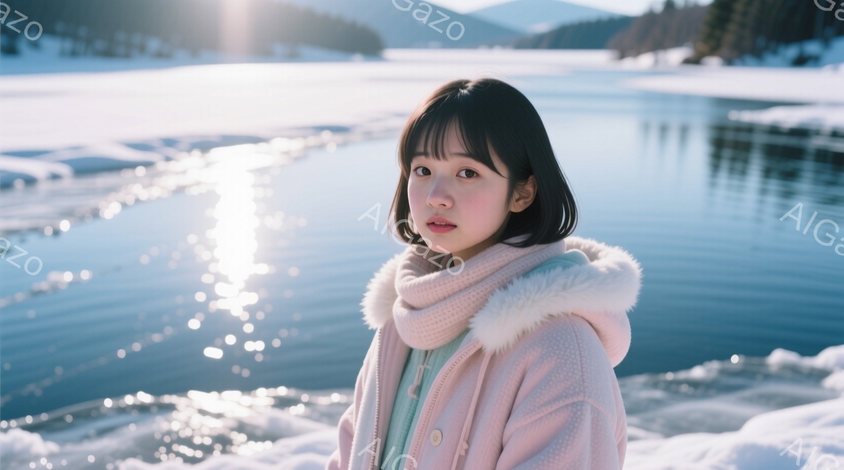 若い女性が雪景色を背景に立っています。彼女はピンク色のフード付きジャケットと淡い緑色のインナーを着ており、黒髪のショートヘアにふさふさとした前髪が特徴的です。彼女はわずかに微笑み、穏やかで静かな雰囲気 - AI生成フリー素材