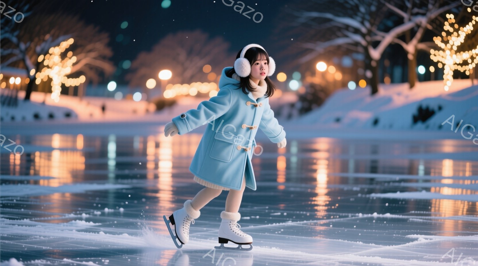 少女はアイススケートリンクで滑っている。水色のコートに白いブーツと耳当てを身に着け、黒髪を後ろで結んでいる。背景には、光り輝くイルミネーションと雪景色が広がり、冬の夜の幻想的な雰囲気を醸し出している。