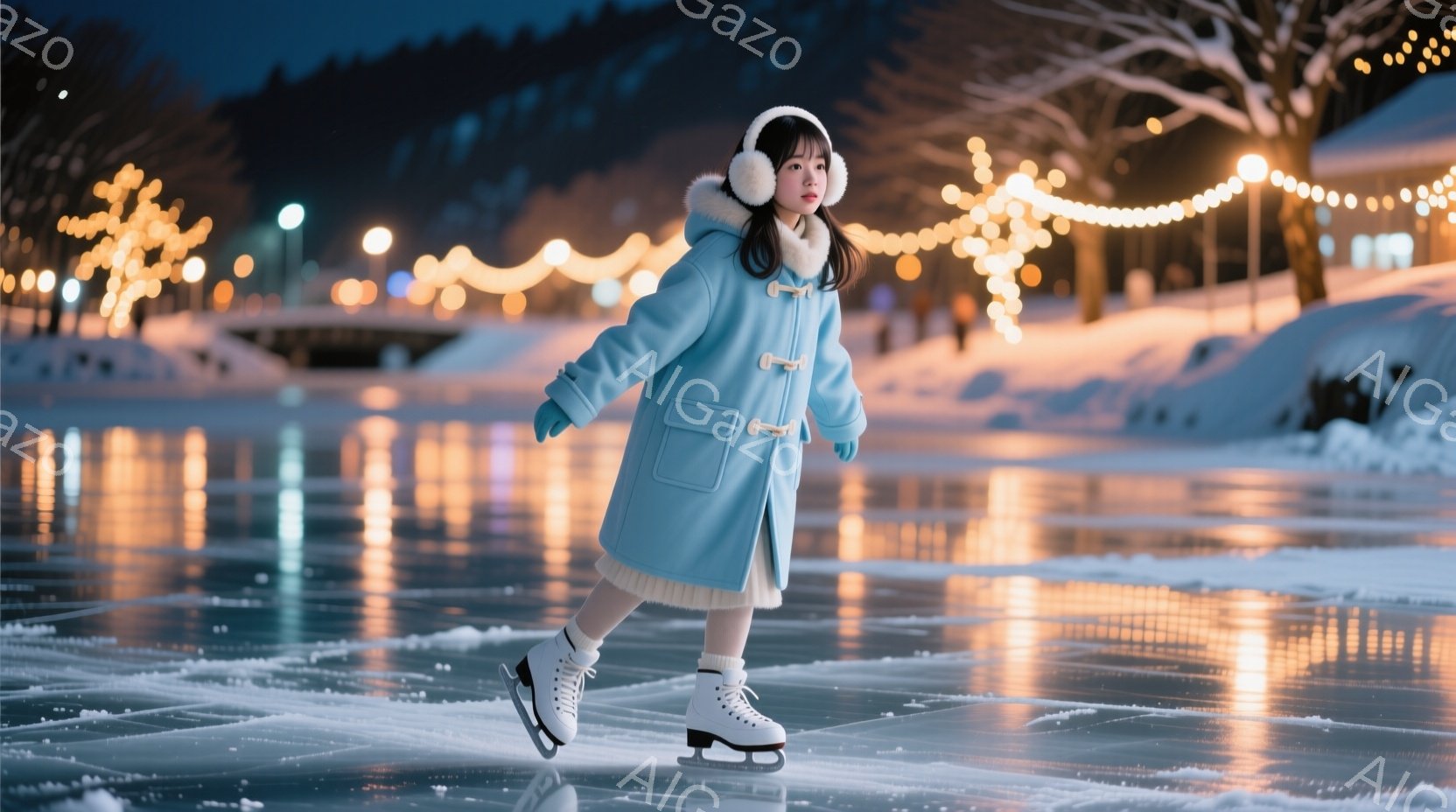 青いコートを着た少女がアイススケートリンクで滑っている。彼女はピンクの帽子と耳あてを着用し、明るい笑顔を見せている。背景には、光り輝くイルミネーションと雪に覆われた木々が広がり、冬の幻想的な雰囲気を醸 - AI生成フリー素材