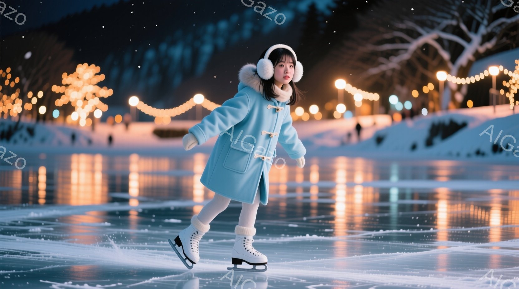 青いコートと白い帽子、イヤーマフをつけた少女がアイススケートリンクで滑っている。彼女は少し前かがみの姿勢で、楽しそうに滑走している。背景には、ライトアップされた木々と雪景色が広がり、幻想的な雰囲気を醸し出している。