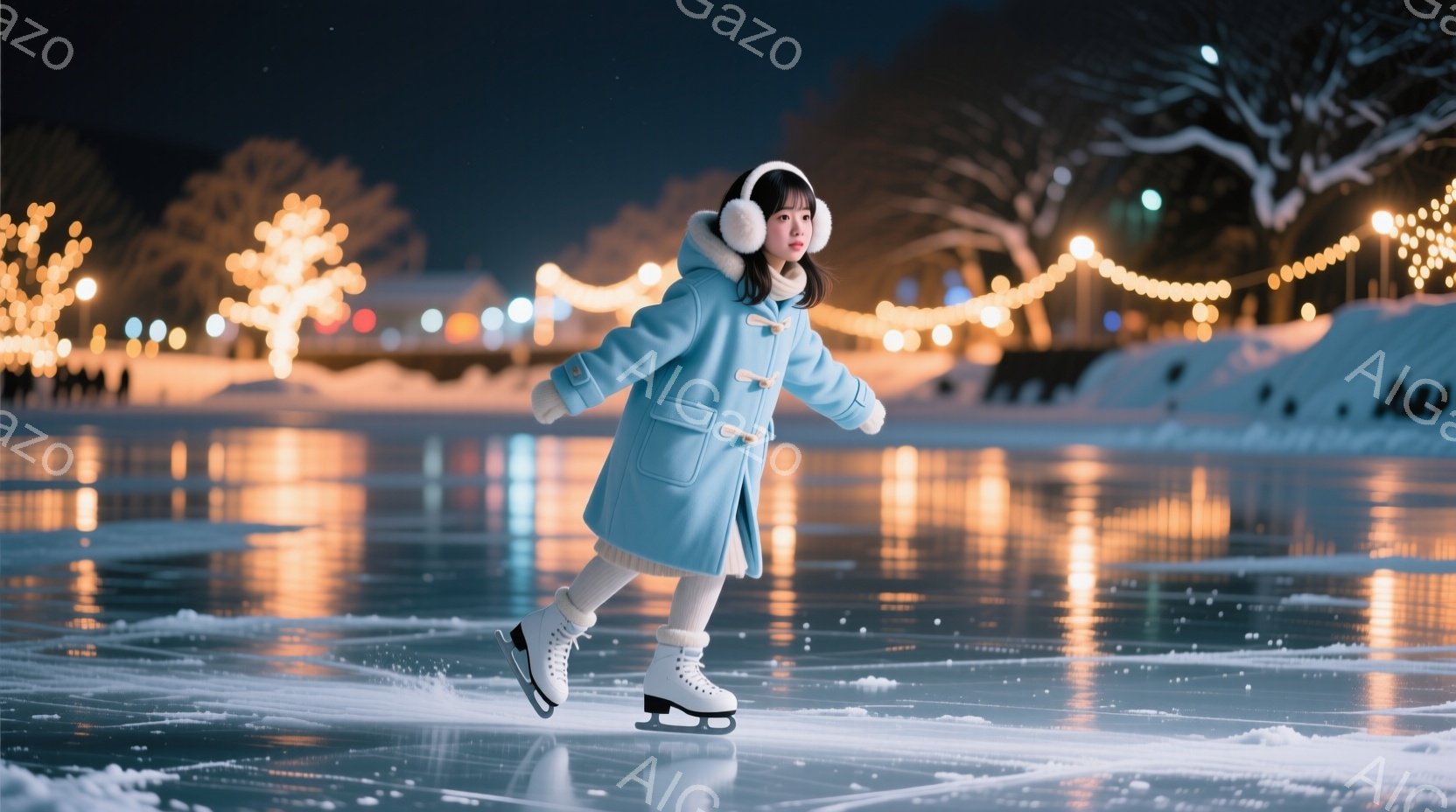 明るい水色のコートと白いニット帽をかぶった少女が、アイススケートリンクで滑っている。彼女は少し前かがみになり、両手を前に出してバランスを取りながら、軽快に滑走している。背景には、温かい光で飾られた木々 - AI生成フリー素材