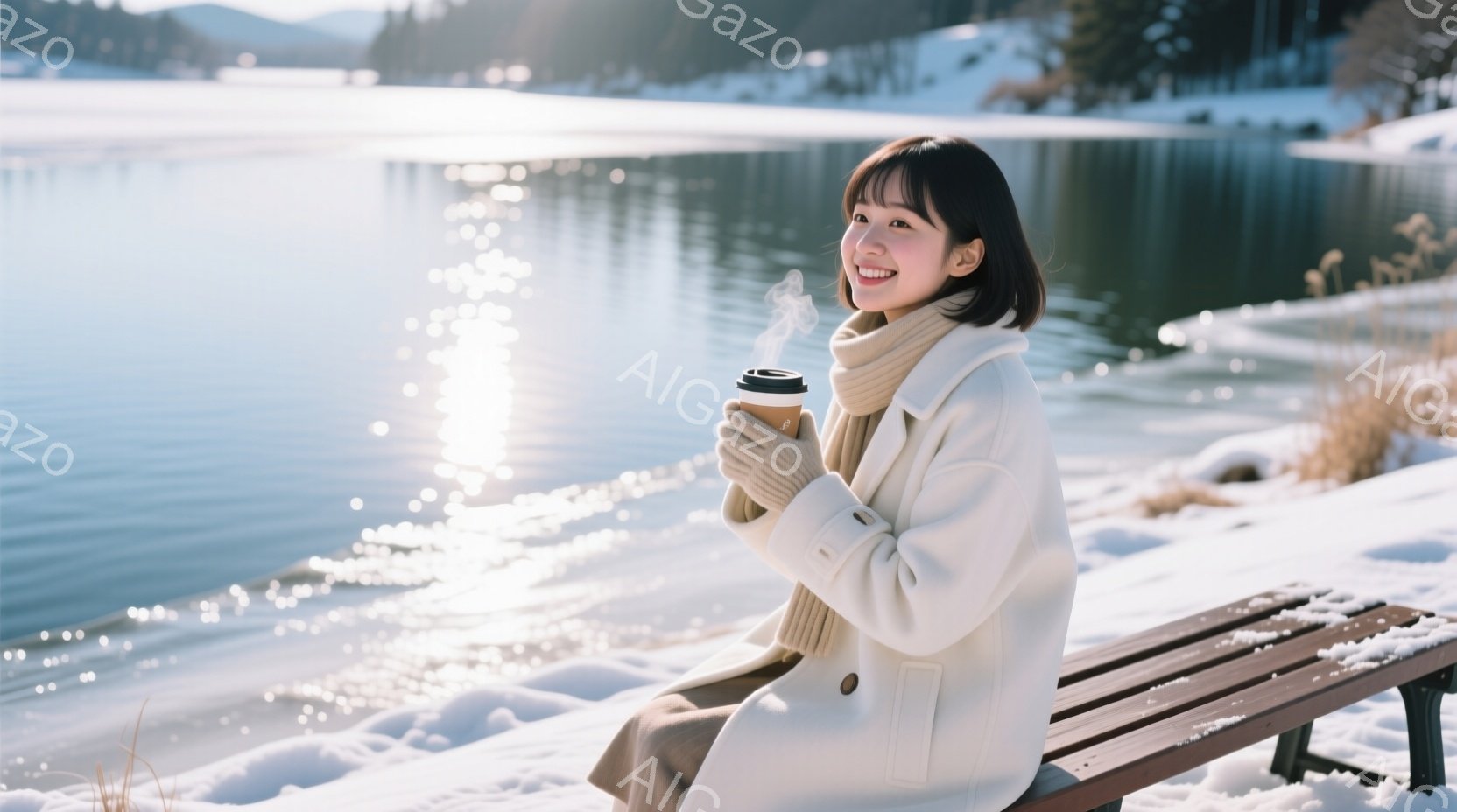 彼女は白いオーバーコートとクリーム色のマフラーを身に着け、茶色の髪を肩まで伸ばした女性です。彼女はベンチに座り、湯気が立ち上る暖かい飲み物を両手で抱え、微笑んでいます。背景には雪に覆われた湖と、遠くの山々が広がっており、冬の穏やかで静謐な雰囲気が漂っています。