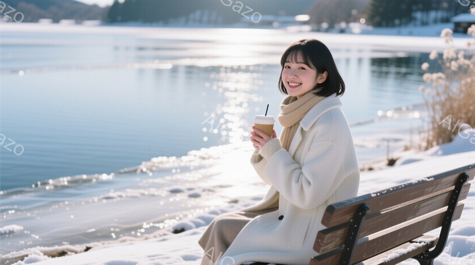白いコートとマフラーを身につけた女性が、雪景色の中のベンチに座っています。彼女は温かい飲み物を手に持ち、微笑んでおり、穏やかな表情をしています。背景には凍った湖と、ぼんやりとした山の風景が広がり、冬の静けさと安らぎを感じさせる光景です。