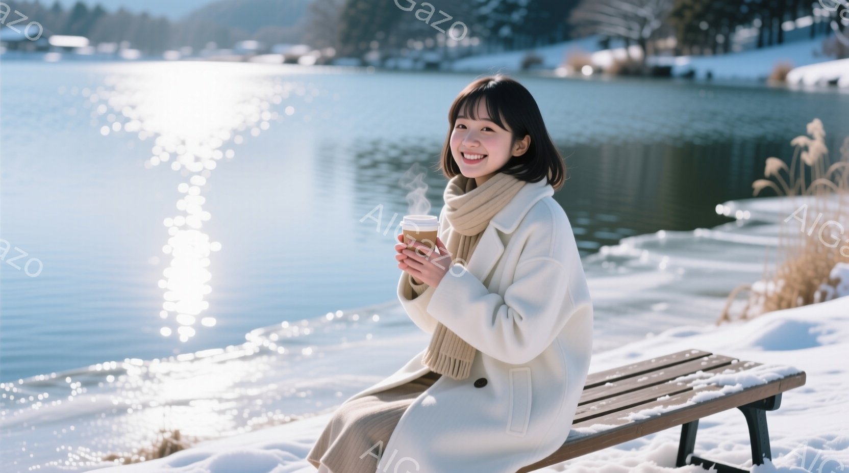 白いコートとベージュのスカートを身に着けた女性が、雪景色を背景にベンチに座って温かい飲み物を楽しんでいます。彼女は短い髪で、笑顔で、リラックスした様子です。背景には凍った湖と雪に覆われた山々が広がり、 - AI生成フリー素材
