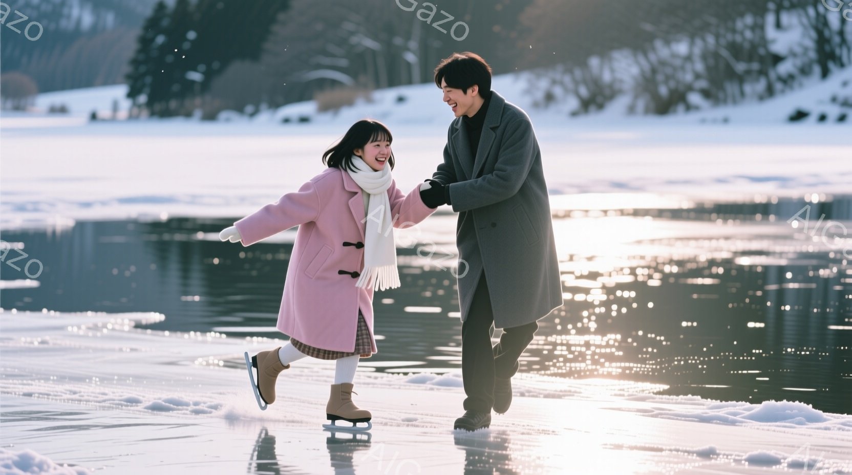 浅い雪の上を男女がスケートを楽しんでいる様子が写っている。女性はピンク色のコートに白いマフラーを巻き、茶色のブーツを履いて笑顔を見せている。男性は黒いコートを着ており、女性の手を握りながらスケートをしている様子から、二人の親密な関係がうかがえる。