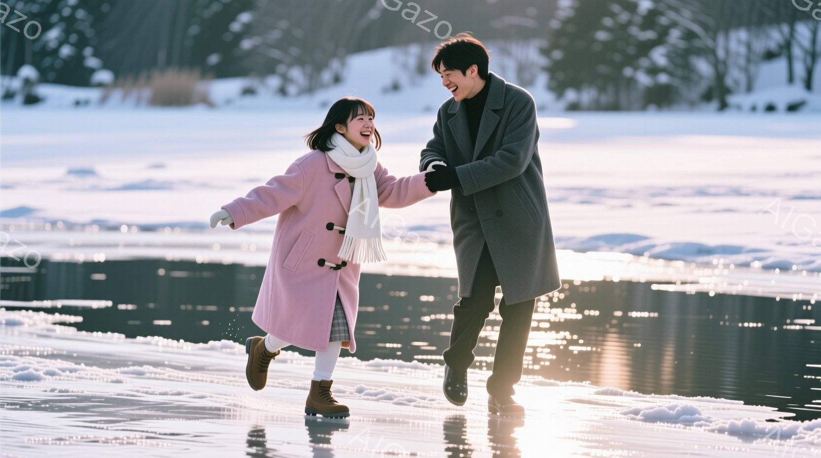 凍った湖の上を男女が楽しそうにスケートしている写真です。女性はピンク色のコートに白いマフラーを巻き、茶色のブーツを履いており、笑顔で楽しんでいる様子が伺えます。男性は黒いコートを着ており、女性の手を繋 - AI生成フリー素材