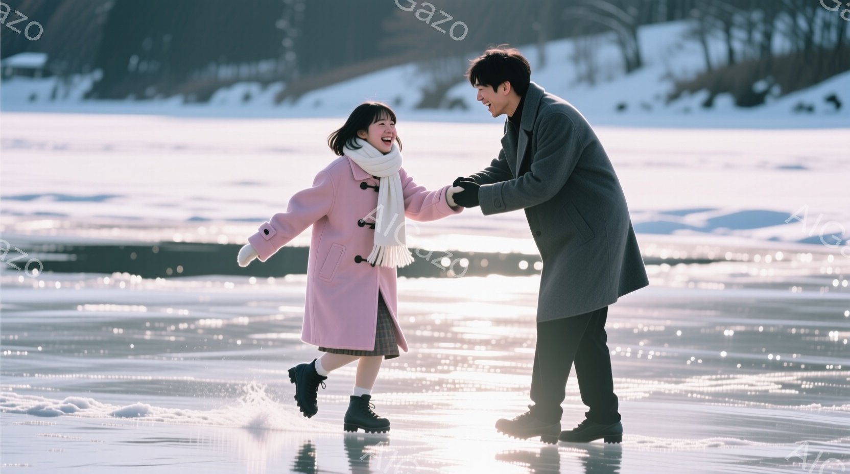 薄ピンク色のコートに白いマフラーを巻き、チェック柄のスカートを履いた女性が、氷の上で嬉しそうに足を滑らせています。隣には黒いコートを着た男性がおり、女性の手を優しく握りながら一緒に滑っています。背景に - AI生成フリー素材