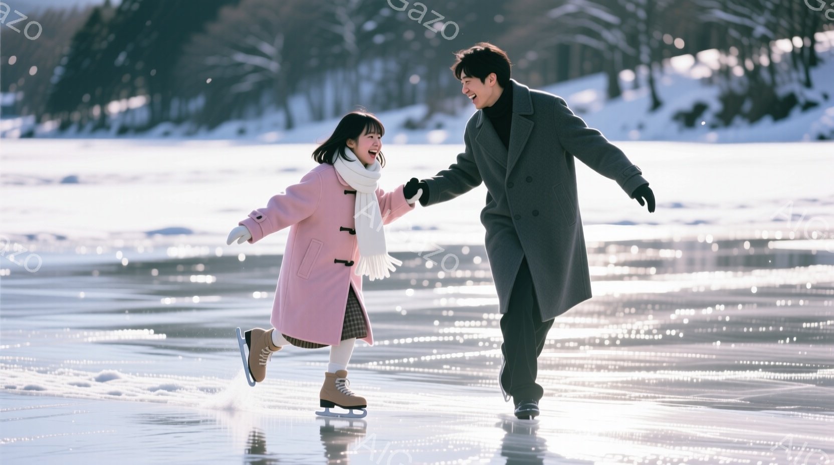 リンクの上で、ピンク色のコートに白いマフラーを巻いた女性と、黒のコートを着た男性が楽しそうにスケートをしている様子が写っている。女性は笑顔で、男性は少し真剣な表情で、互いに手を繋ぎながら滑っている。背 - AI生成フリー素材