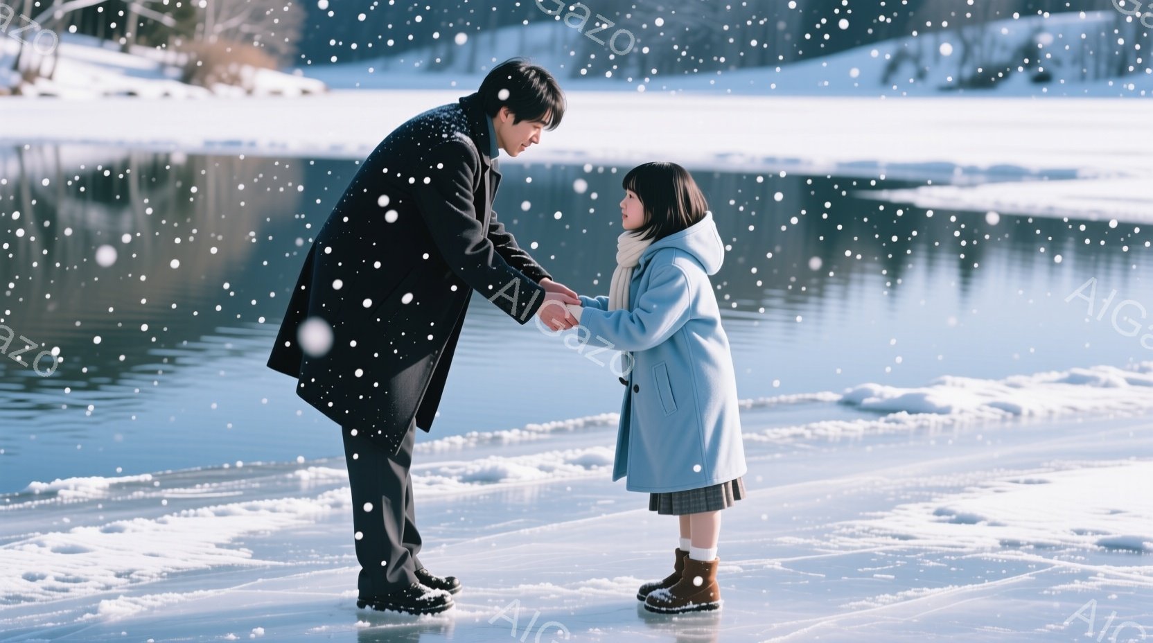 雪が降る凍った湖畔で、一人の男性と少女が手をつないでいる。男性は黒いコートとパンツを着用し、髪は短く整えられている。少女は水色のコート、チェック柄のスカート、茶色のブーツを履き、短い髪を外に出している - AI生成フリー素材