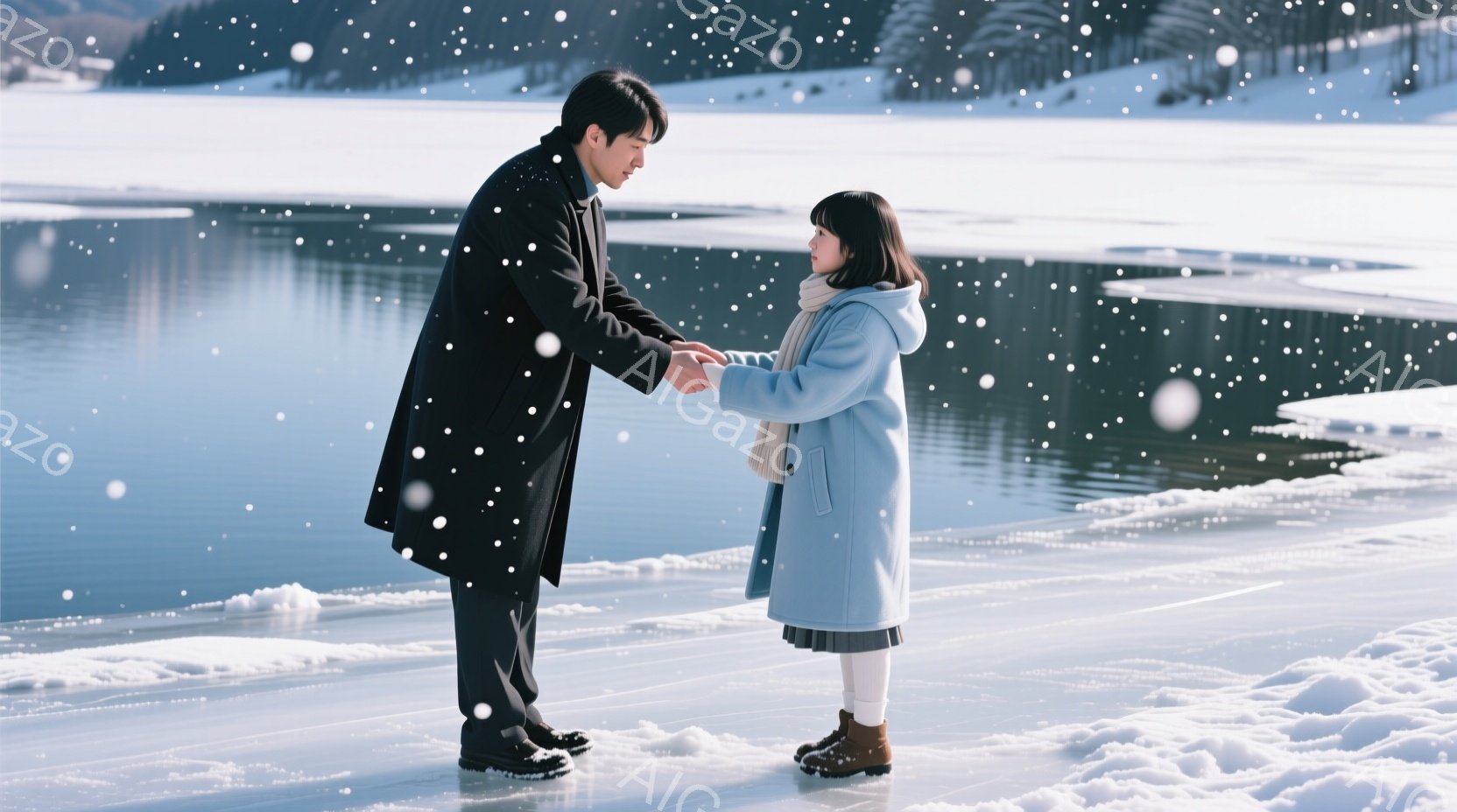 凍てついた湖上で、一人の男性と少女が手をつないで立っている。男性は黒いコートとズボンを着用し、少女は水色のコートにベージュのセーター、スカート、ブーツ姿で、可愛らしい髪型をしている。背景には雪景色が広がり、雪が舞い散る冬の静かで美しい雰囲気が漂っている。