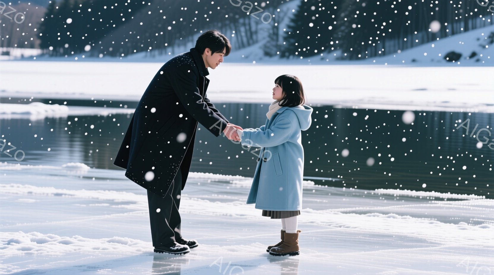 雪が降る凍った湖のほとりで、一人の男性と少女が手をつないでいます。男性は黒いコートと黒い靴を履き、髪は短く整えられています。少女は水色のコート、茶色のブーツを履き、短い髪は頭から出たフードの下に隠れて - AI生成フリー素材