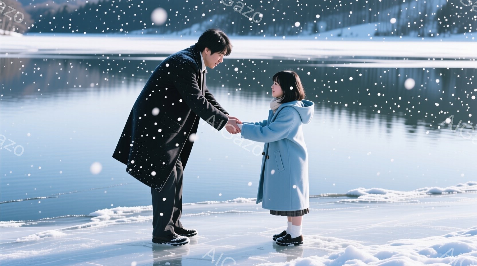 雪が舞う凍った湖のほとりで、一人の男性と少女が手をつないで立っている。男性は黒いコートとズボンを着用し、少女は水色のコートにグレーのスカート、黒い靴を履いている。背景には雪をまとった山々が広がり、全体的に静かで穏やかな冬の雰囲気が漂っている。