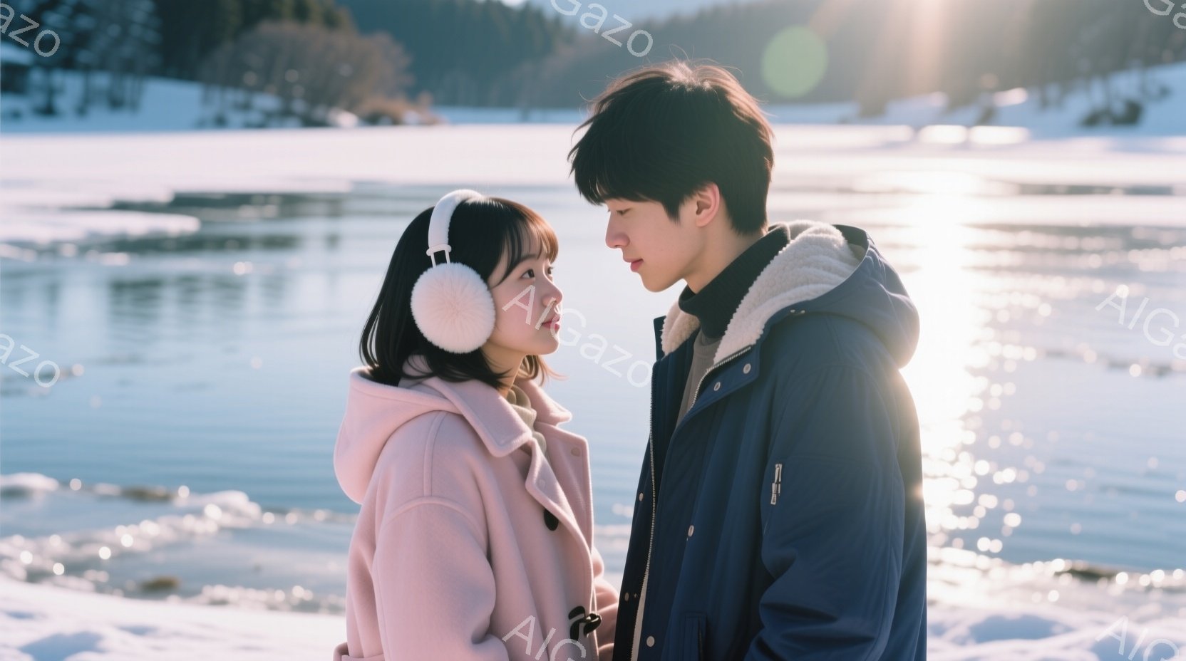 少女はピンク色のコートを着て、白い耳あてをしています。彼女は少し下を見つめており、穏やかな表情をしています。背景には凍った湖と遠くの山々があり、冬の静けさを感じさせます。