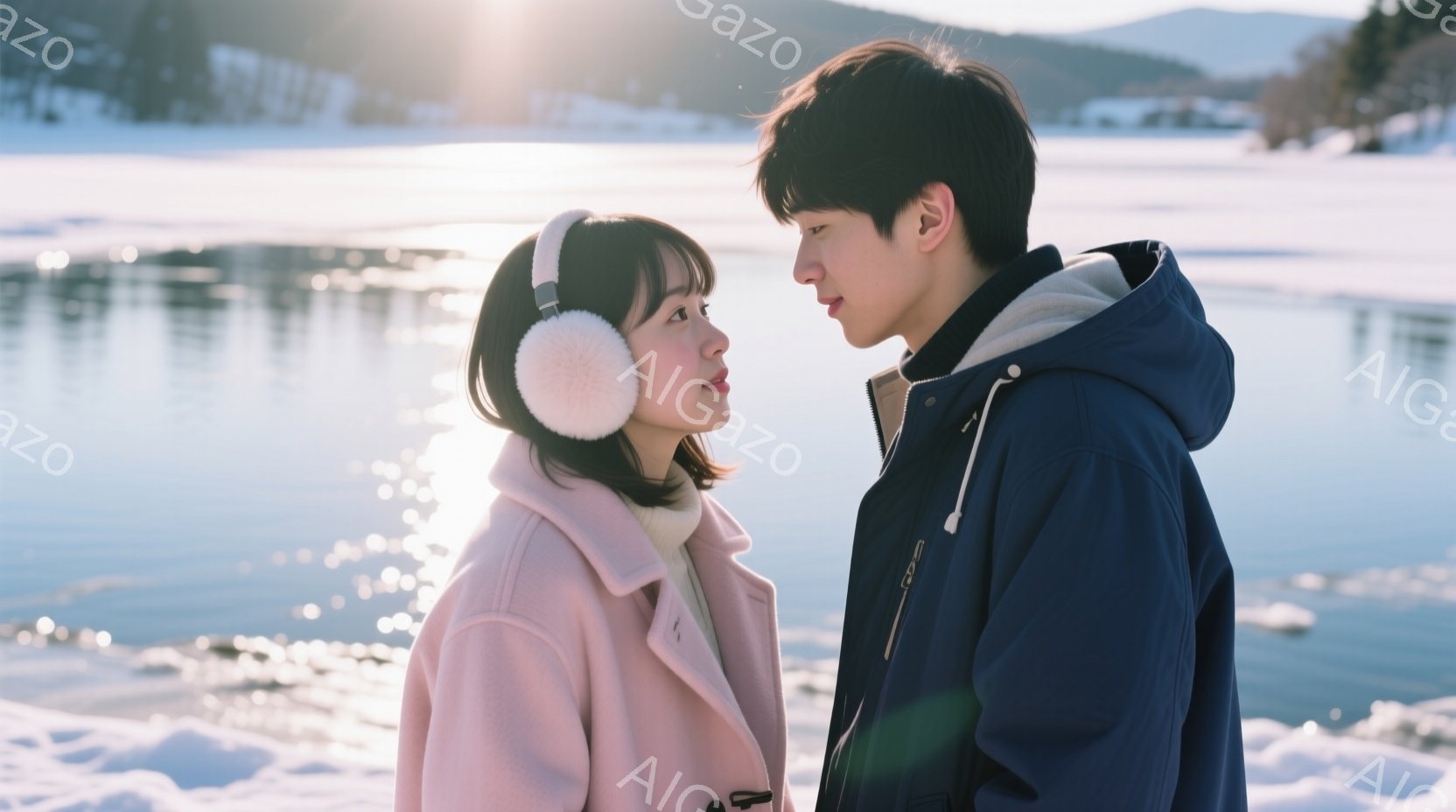 若い女性と男性が雪景色の中で寄り添い合っている。女性はピンク色のコートに白いセーター、耳当てをしており、微笑んでいる。男性は紺色のジャケットを着ており、女性を見つめており、背景には雪に覆われた湖と山々 - AI生成フリー素材