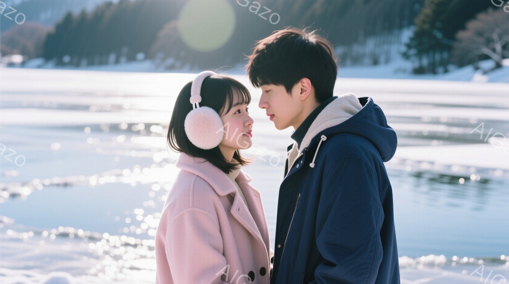 雪景色を背景に寄り添う若い男女が写っています。女性はピンク色のコートにふわふわの耳当てをしており、男性は濃い青色のパーカーを着ています。二人は互いに顔を見合わせ、穏やかで優しい雰囲気が漂っています。 - AI生成フリー素材