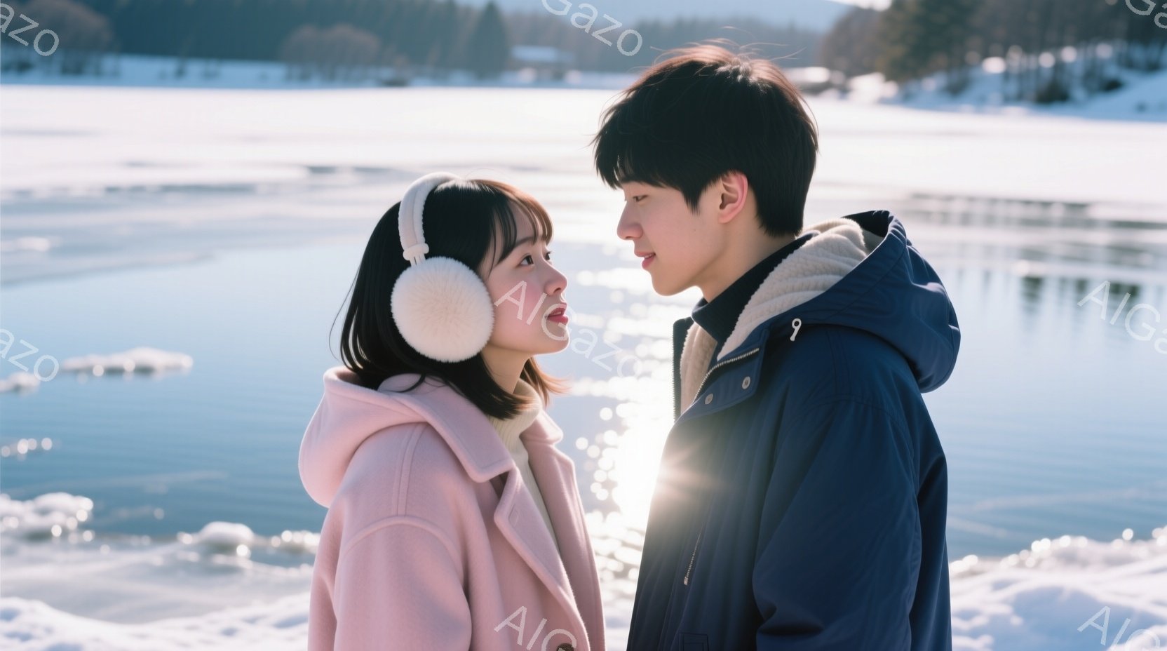 浅い雪景色を背景に、若い男女が向かい合って立っています。女性はピンク色のコートに耳当てをしており、男性は濃い青色のパーカーを着ています。二人は互いに顔を見つめ合い、親密な雰囲気を醸し出しています。 - AI生成フリー素材
