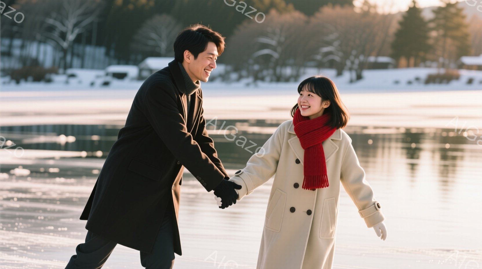 凍った湖畔で、一対の男女が手をつないで歩いている。男性は黒いコートにパンツ姿で、女性は白いロングコートと赤いマフラーを巻き、楽しそうに微笑んでいる。背景には雪景色が広がり、穏やかで温かい雰囲気を醸し出 - AI生成フリー素材