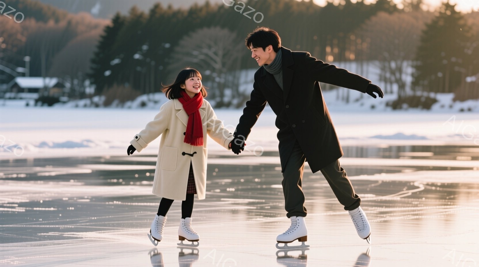 白いスケート靴を履いた若い男女が氷上で手をつないでスケートを楽しんでいる。女性は白いコートに赤いマフラーを巻け、男性は黒いコートを着ており、両者とも笑顔で楽しそうに滑っている。背景には雪景色が広がり、遠くには建物と木々が見える穏やかで冬らしい雰囲気の写真だ。