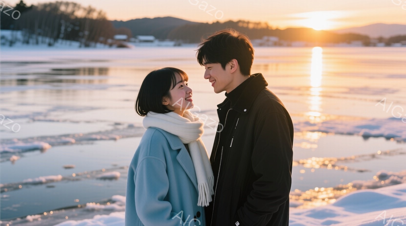 雪景色の中で寄り添う若い男女が写っています。女性は明るい水色のコートに白いマフラーを巻き、短髪で微笑んでいます。男性は黒いジャケットを着ており、女性を見つめながら穏やかに微笑んでいます。 - AI生成フリー素材