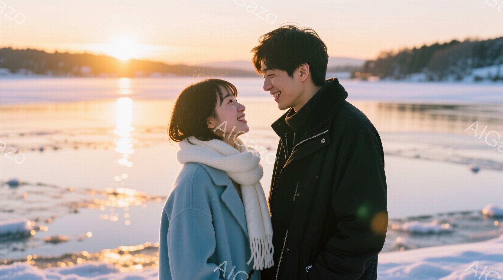 凍てつく湖畔で、若い男女が寄り添い、微笑み合っている。女性は明るい水色のコートに白いマフラーを巻き、短めの髪を肩にかけている。男性は黒いジャケットを着ており、二人は夕焼けに照らされた雪景色の中、温かい - AI生成フリー素材