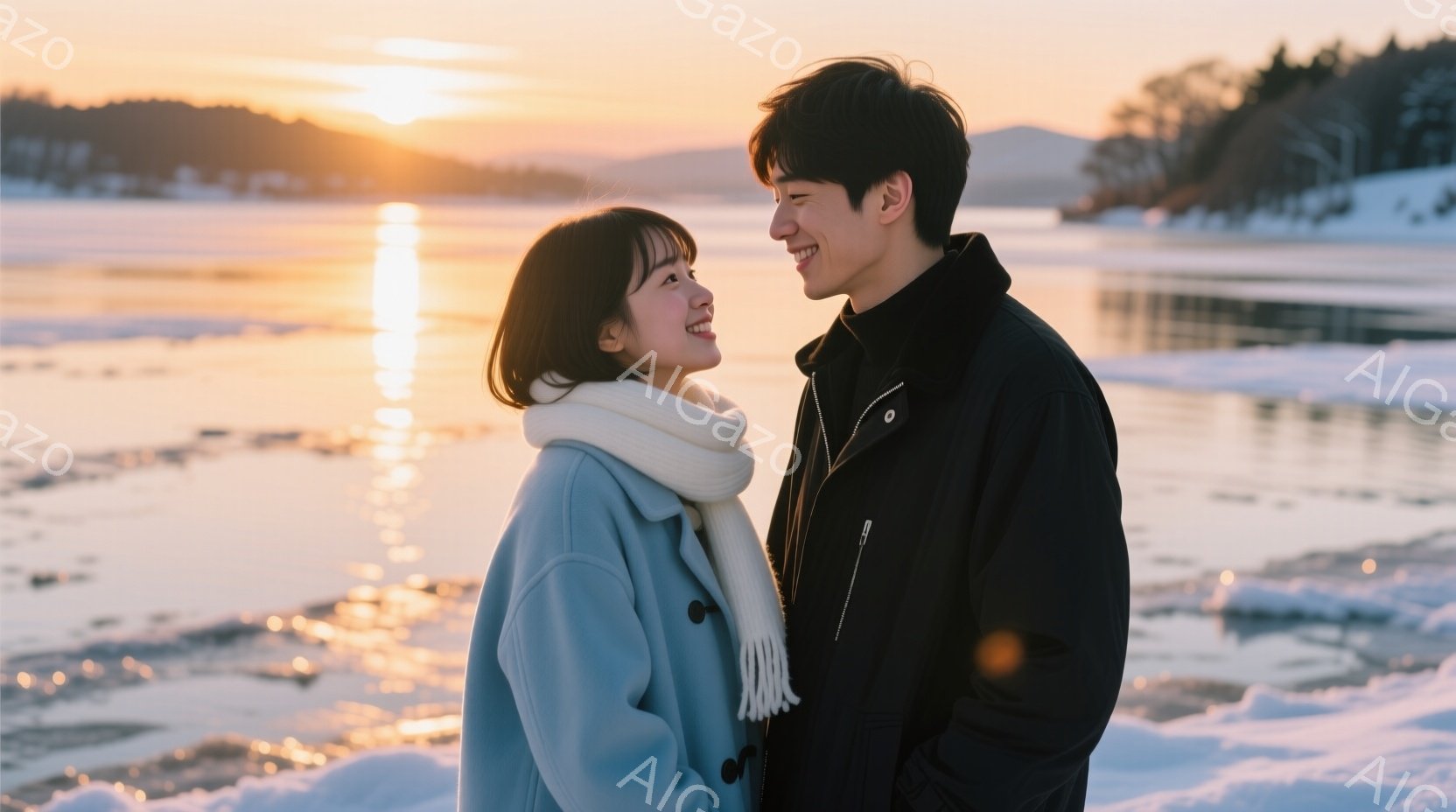 浅い雪の上で、若い男女が互いに微笑み合いながら寄り添っている。女性は水色のコートに白いマフラーを巻き、ショートヘアで、穏やかな笑顔を見せている。男性は黒いジャケットを着ており、女性を見つめながら微笑ん - AI生成フリー素材