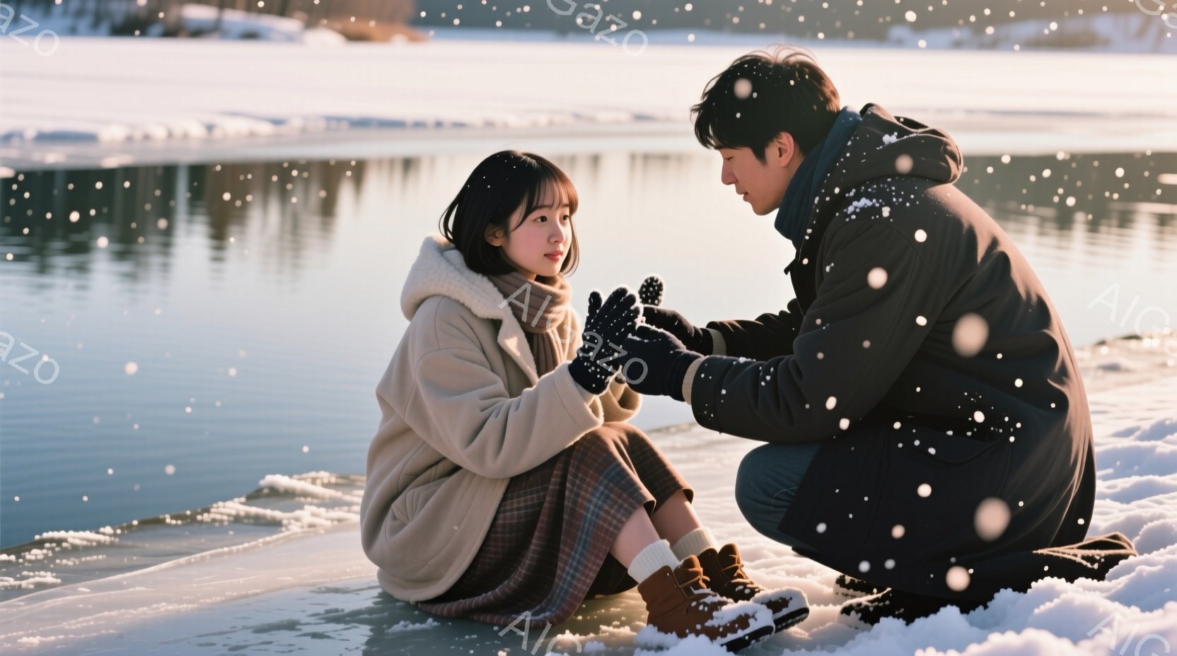 雪が降る凍った湖畔で、若い女性が膝を抱えて座り、男性が彼女の手に触れようとしています。女性はベージュのオーバーコートとチェック柄のスカート、ブーツを履いており、ロングヘアを無造作に垂らしています。男性は黒いコートを着ており、心配そうな表情で女性を見つめており、全体的に切なく温かい雰囲気が漂っています。