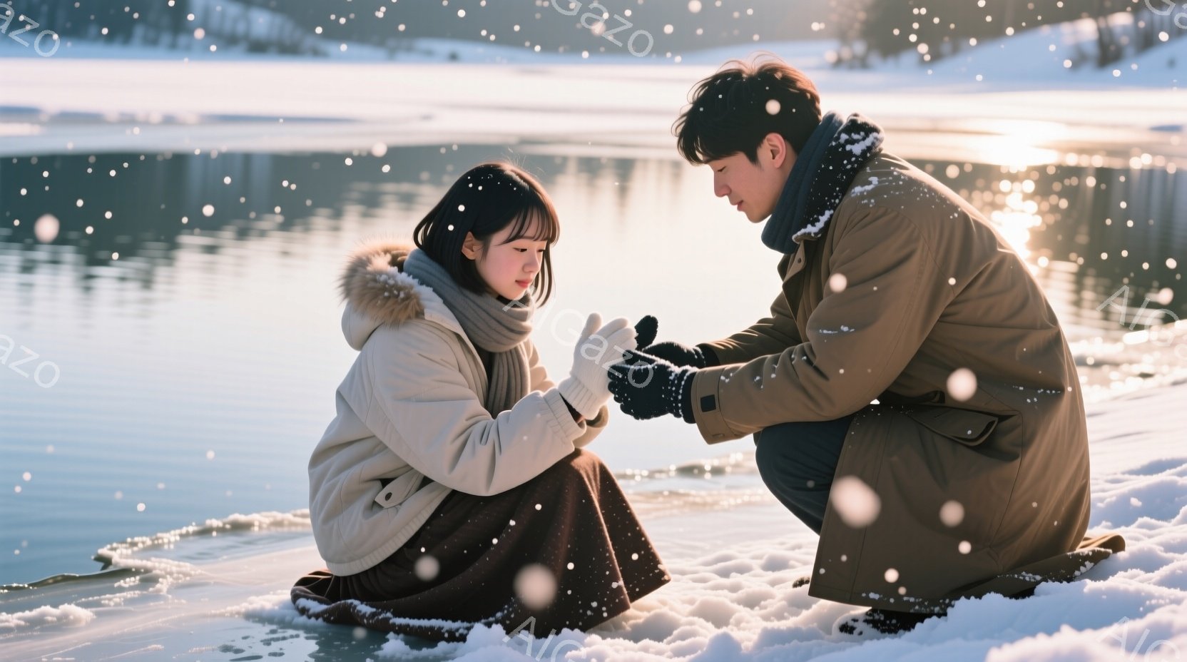 吹雪の中に佇む若い女性と男性が写っている。女性はクリーム色のフード付きジャケットと茶色のスカートを身につけ、髪は肩まで届く長さで、少し内側にカールしている。男性は黒いコートを着て、女性に向かって膝をつき、何かを差し出そうとしている様子で、二人の間には優しい雰囲気と雪が舞う冬の風景が広がっている。