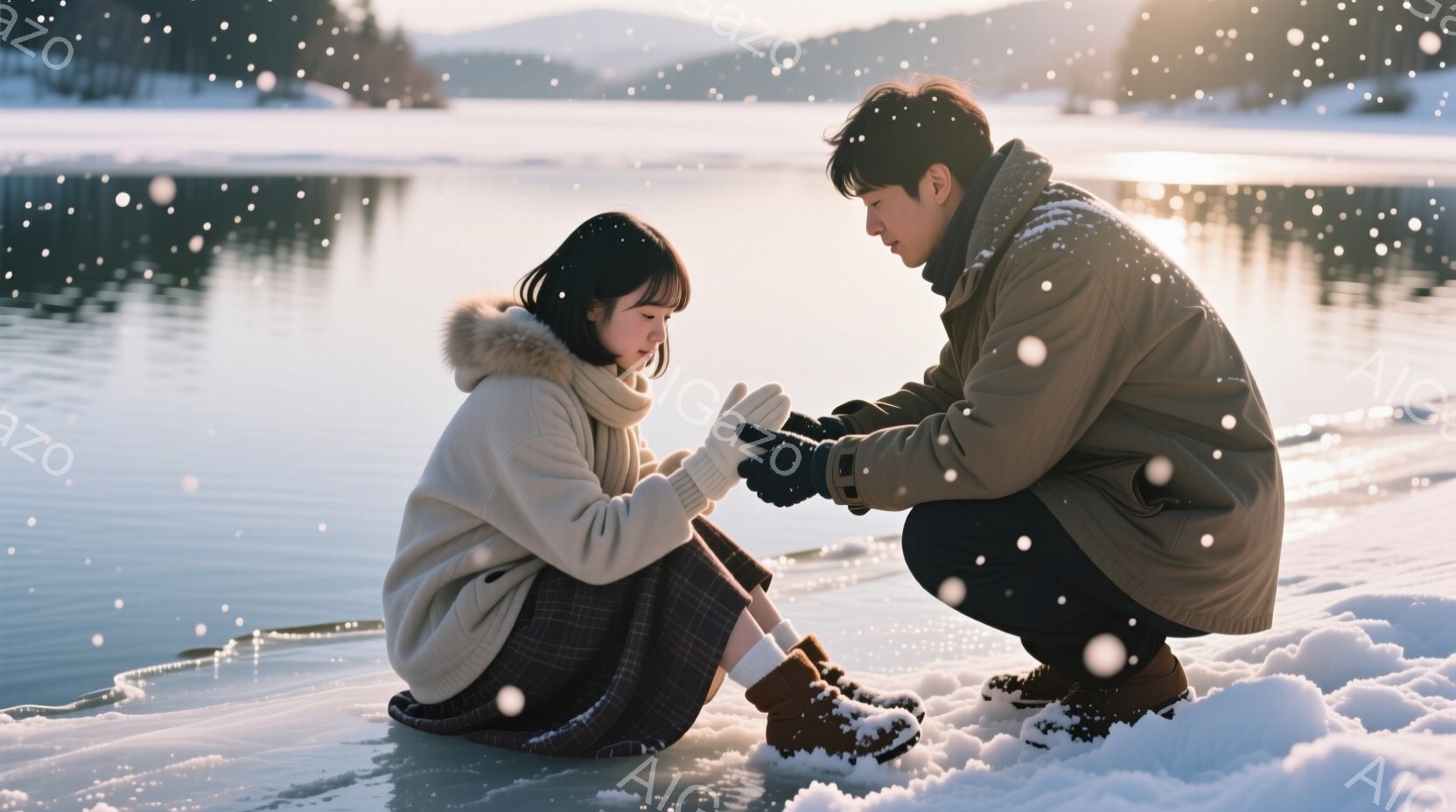 雪景色の中、若い女性が膝を抱えて座り、男性が彼女のそばにしゃがみこんで何かを話しかけている。女性はクリーム色のニットとチェック柄のスカート、ブーツ姿で、髪は肩にかかる長さで、少し伏し目がちな表情をしている。背景には雪に覆われた湖と遠くの山々が広がり、穏やかで優しい冬の雰囲気が漂っている。