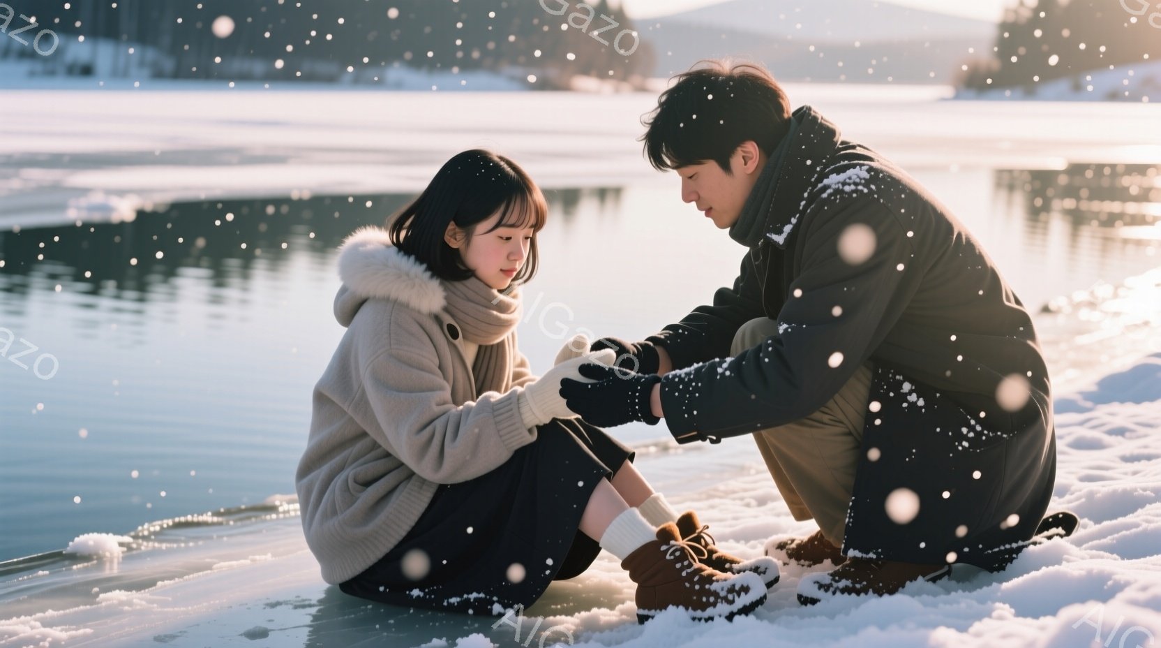 凍てつく湖辺で、若い女性が膝を抱え、男性が彼女の足元にしゃがみ込んで何かを調べている様子が描かれている。女性はクリーム色のセーターと黒いスカートを着用し、髪は肩までの長さで、少し内側に巻いている。背景には雪景色が広がり、遠くにはぼんやりと山々が見え、全体的に温かく、心配そうな雰囲気が漂っている。