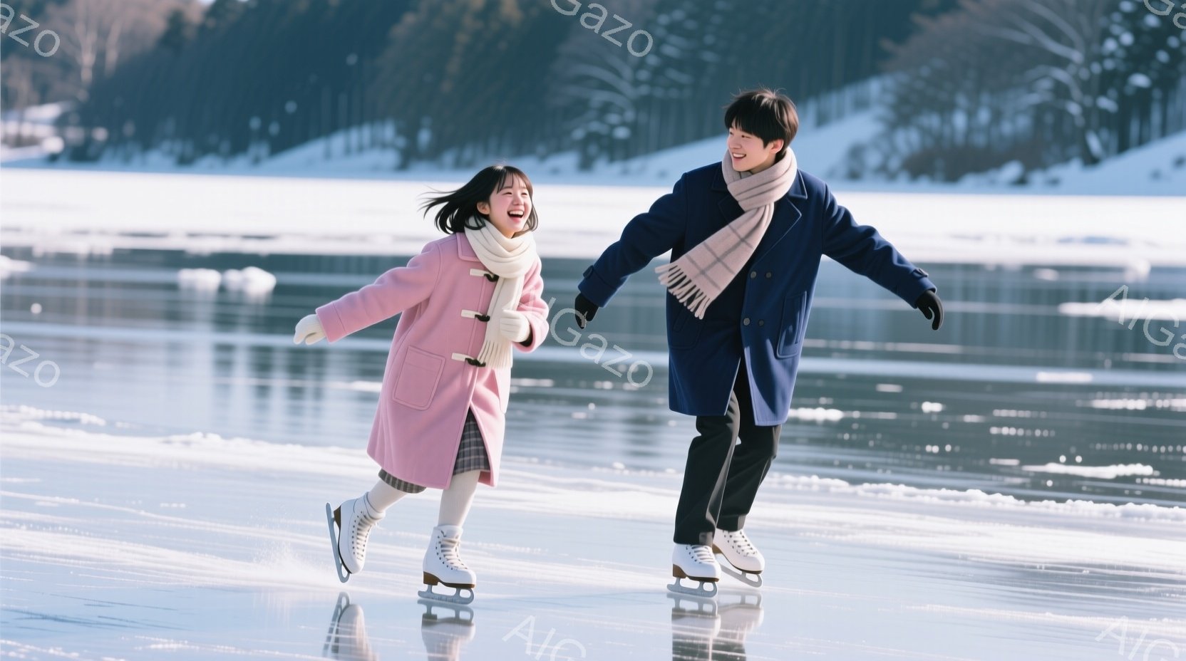 アイススケートをしている若い男女が写っています。女性はピンク色のコートとチェック柄のスカート、男性は濃い青色のコートにマフラーを巻いており、どちらも白いスケート靴を履いています。背景には雪景色が広がり、氷の上には反射が映り込み、全体的に明るく暖かい雰囲気です。