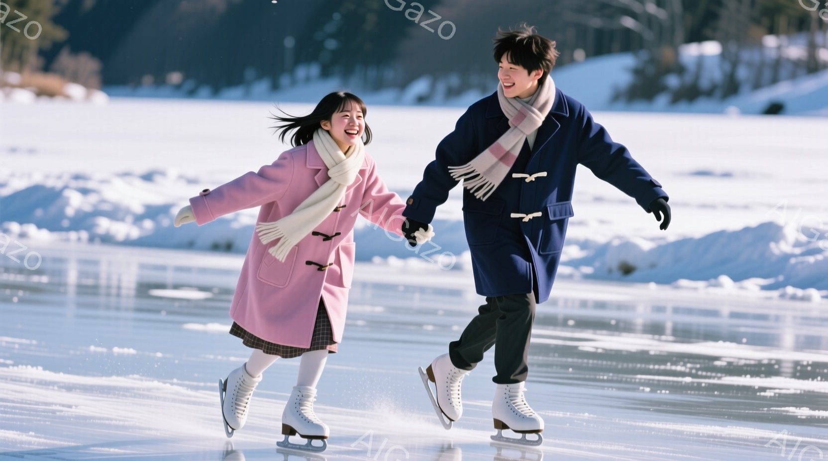 雪の上をスケートをする若い男女が写っています。女性はピンク色のコートにチェックのスカート、男性は濃い青色のコートをそれぞれ着用し、首に白い縞模様のスカーフを巻いています。二人は手をつなぎ、笑顔で氷上を - AI生成フリー素材